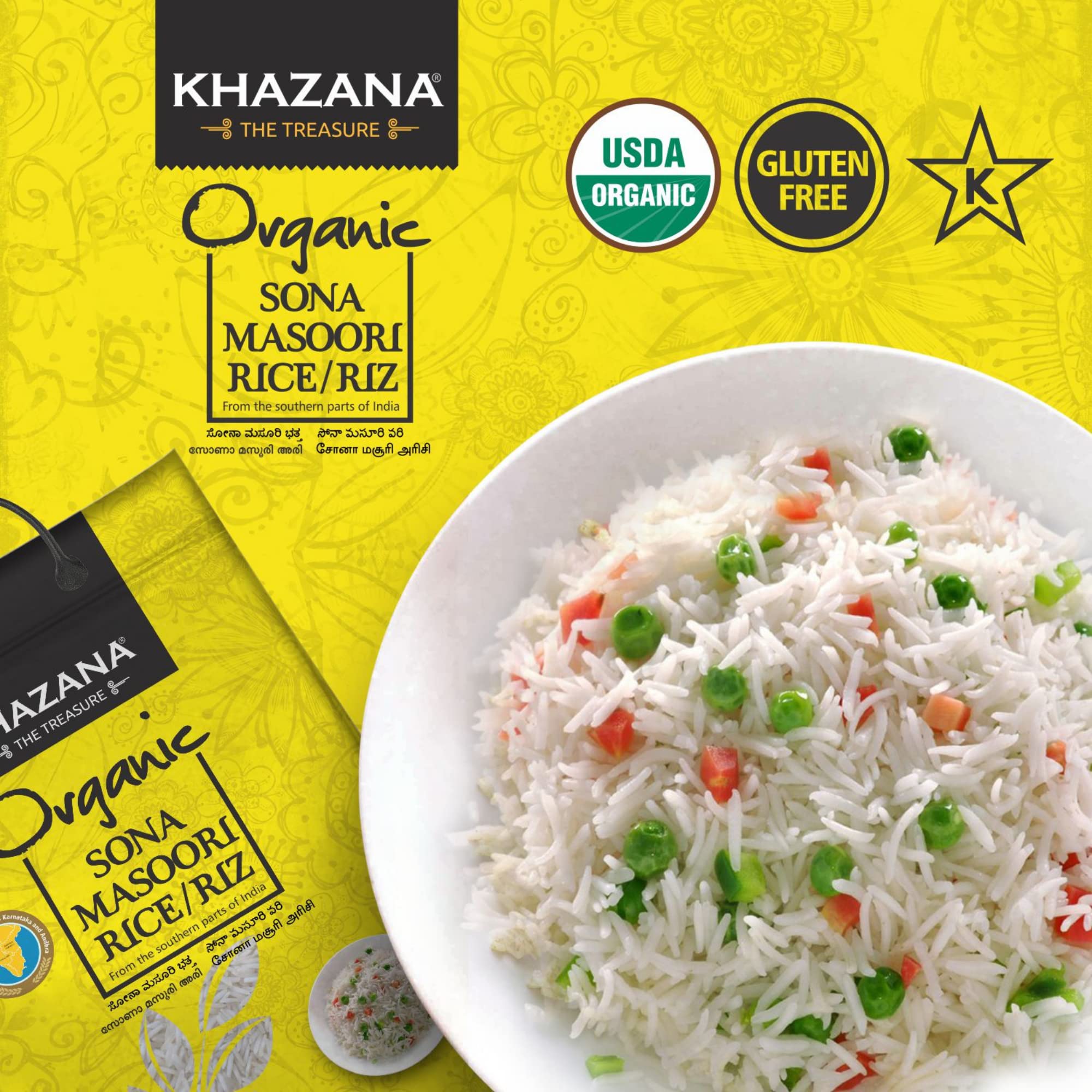 Organic Sona Masoori Rice by Khazana in 10 lb Bag - Aromatic and Flavorful Indian Grain - Non-GMO, Gluten Free, Kosher, Cholesterol Free