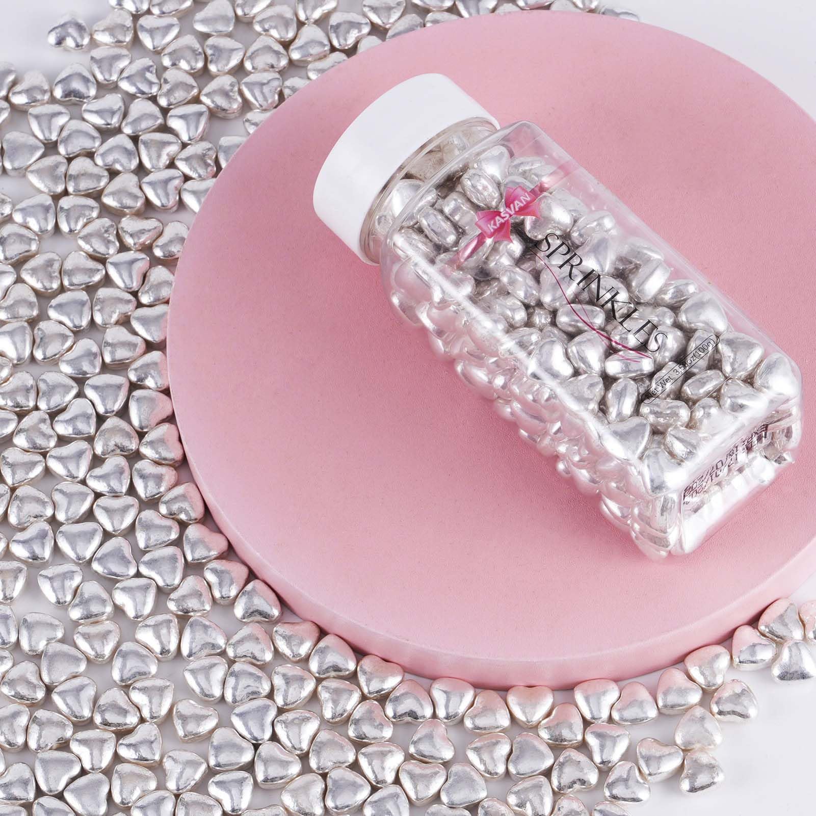 Kasvan Silver Heart Shapes Sprinkles - Edible Candy Pearls 100g/3.58 Oz, Mix Size, Baking Cake Decorations, Ice Cream Toppings and Cookie Decorating