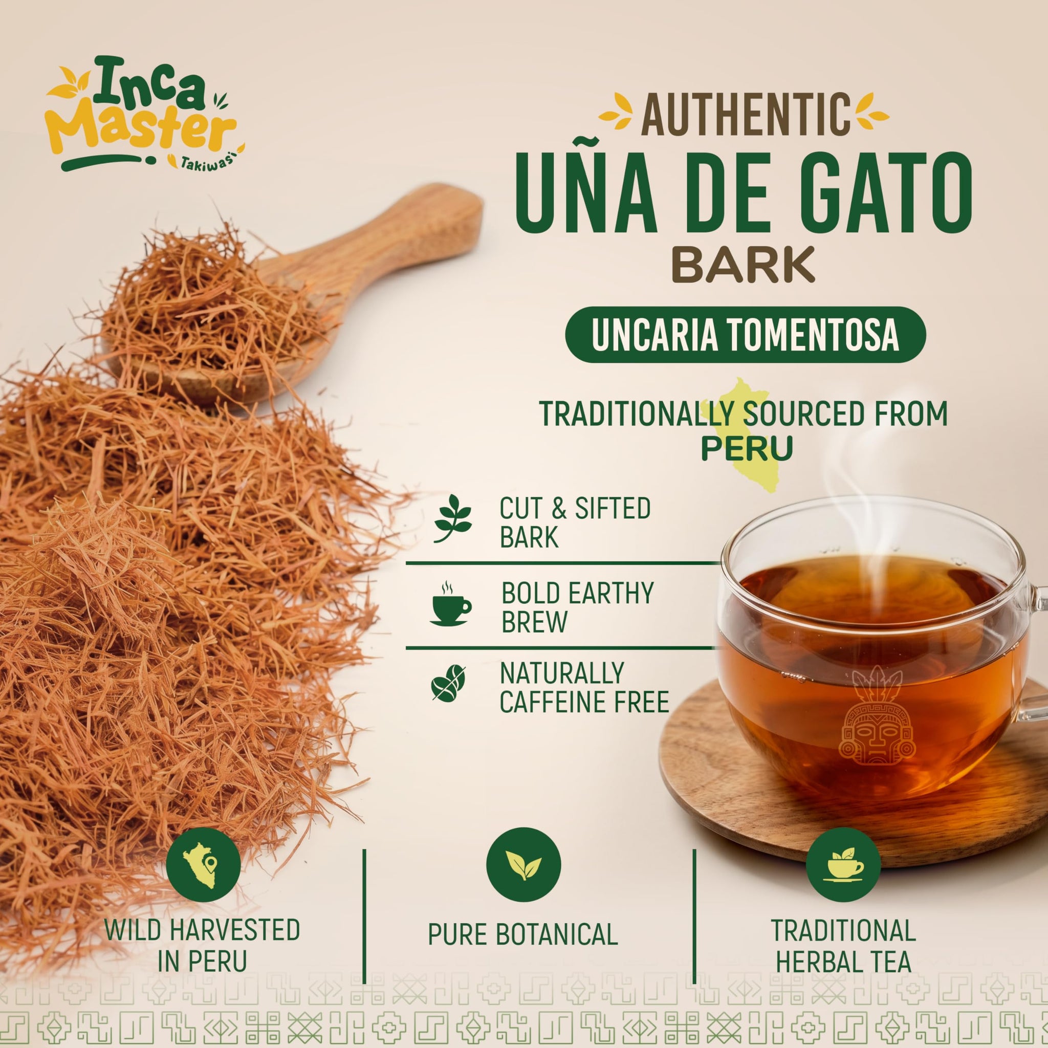 Inca Master Uña de Gato Tea (Uncaria tomentosa) - Premium Cat’s Claw Inner Bark, Cut & Sifted Loose Herbal Tea, Wild Harvested from Peru Amazon