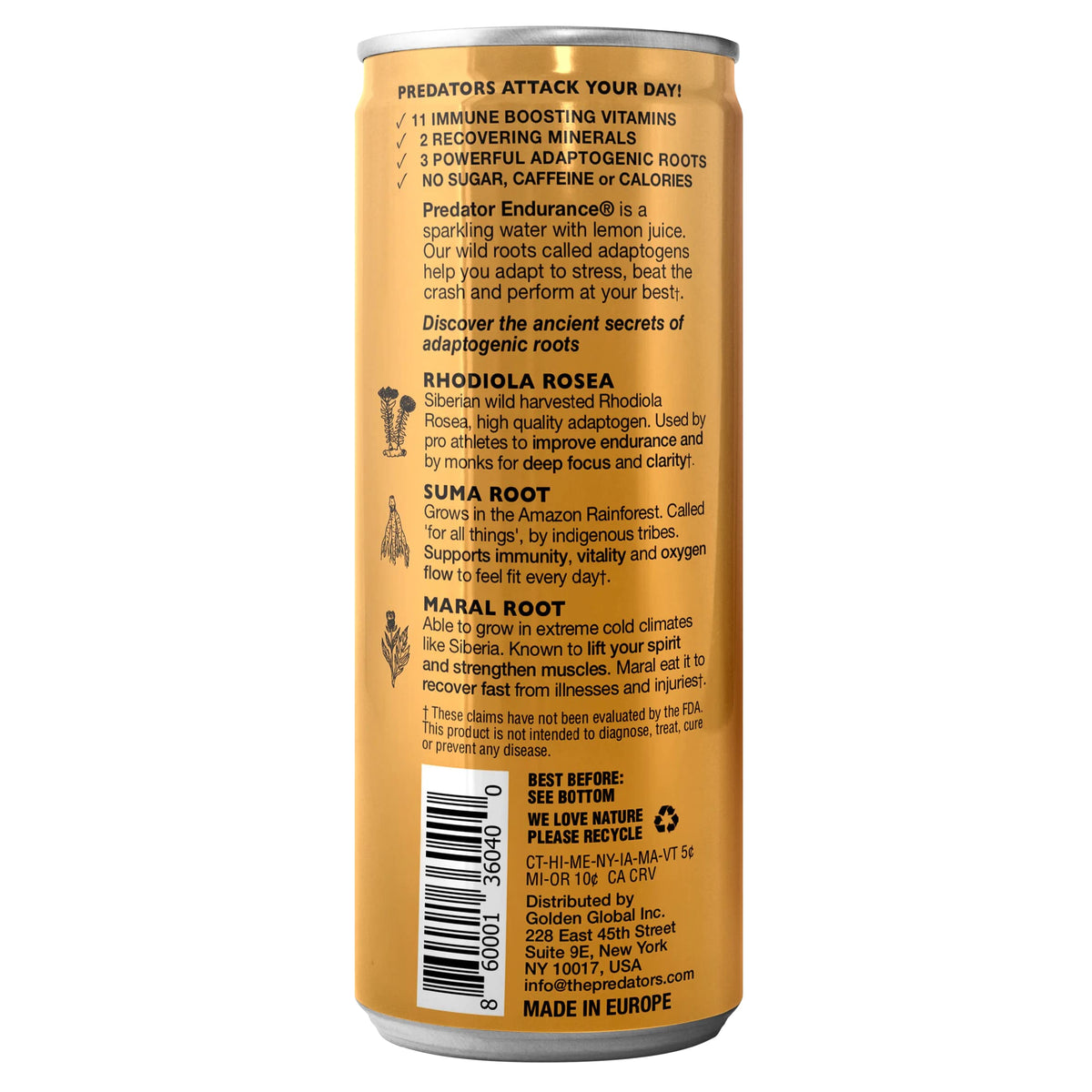 Predator Endurace Gold - Apple Peach - Adaptogens: Rhodiola Rosea, Leuzea Root, Suma Root - No Sugar and No caffeine -12-pack