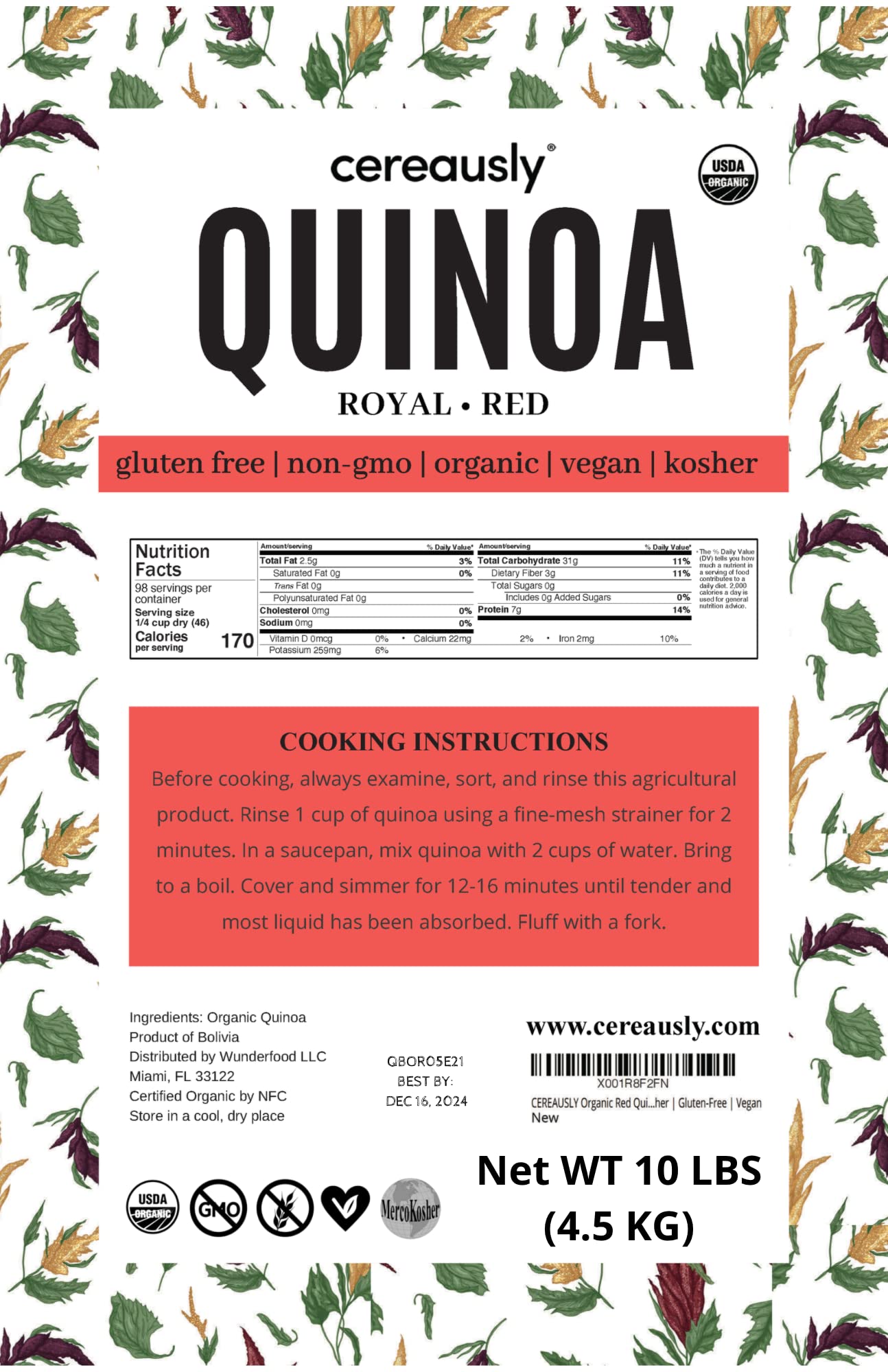 CEREAUSLY Organic Red Quinoa - Premium Royal Quinoa from Bolivia - Kosher and Non-GMO Quinoa Bulk - Vegan and Gluten-Fee Cooking Quinoa - 10 LB