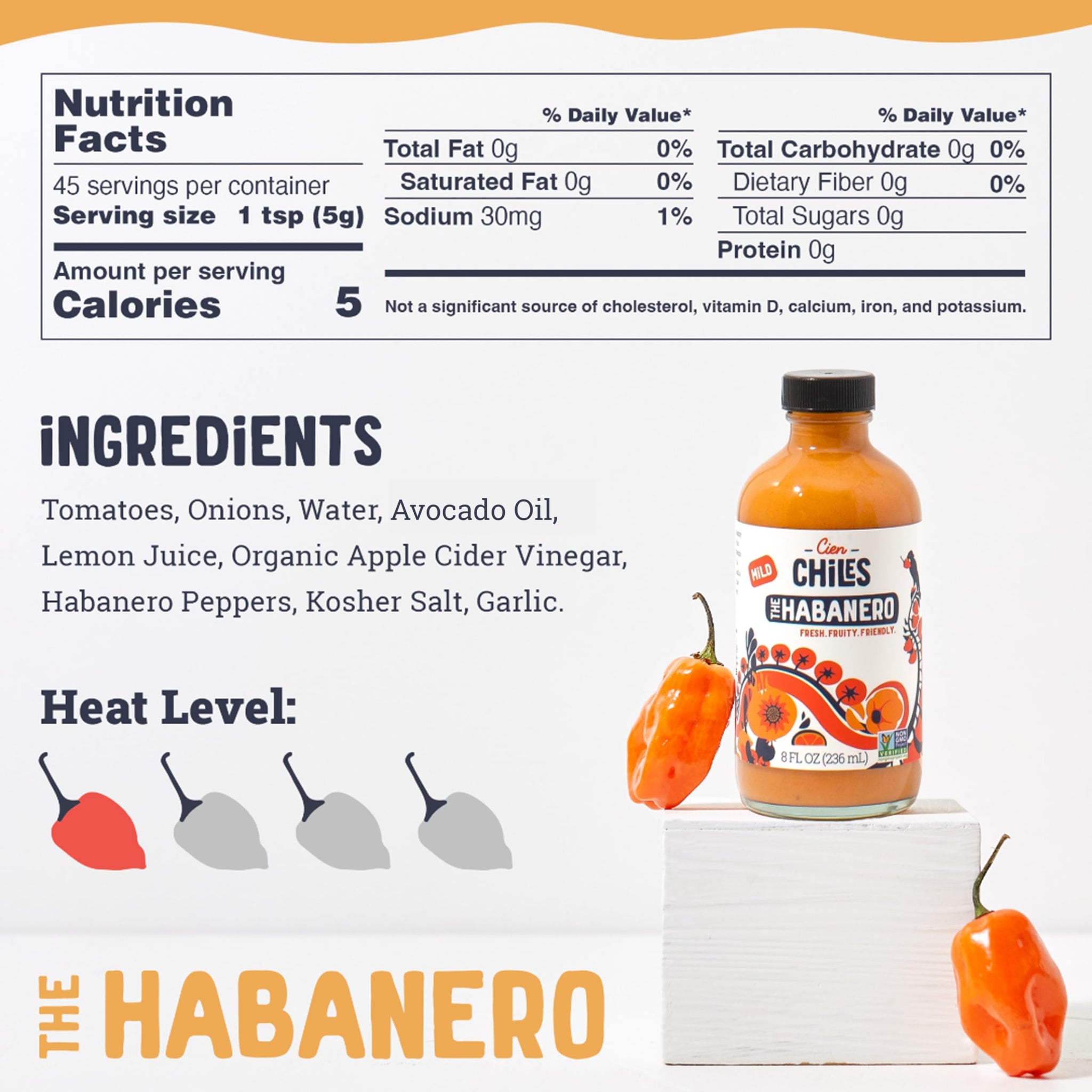 Cien Chiles The Habanero | All Natural Sauce | Zero Sugars, Non-GMO, Gluten-Free, Vegan | 8 OZ Bottle