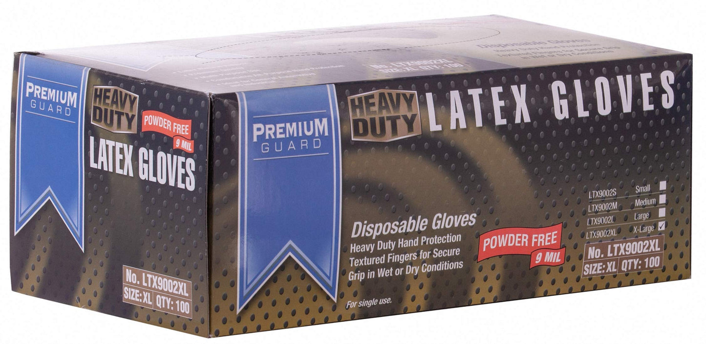 Premium Guard - 9Mil, Heavy Duty Disposable Latex Gloves, Powder Free, 100 gloves per Box, Size - XL
