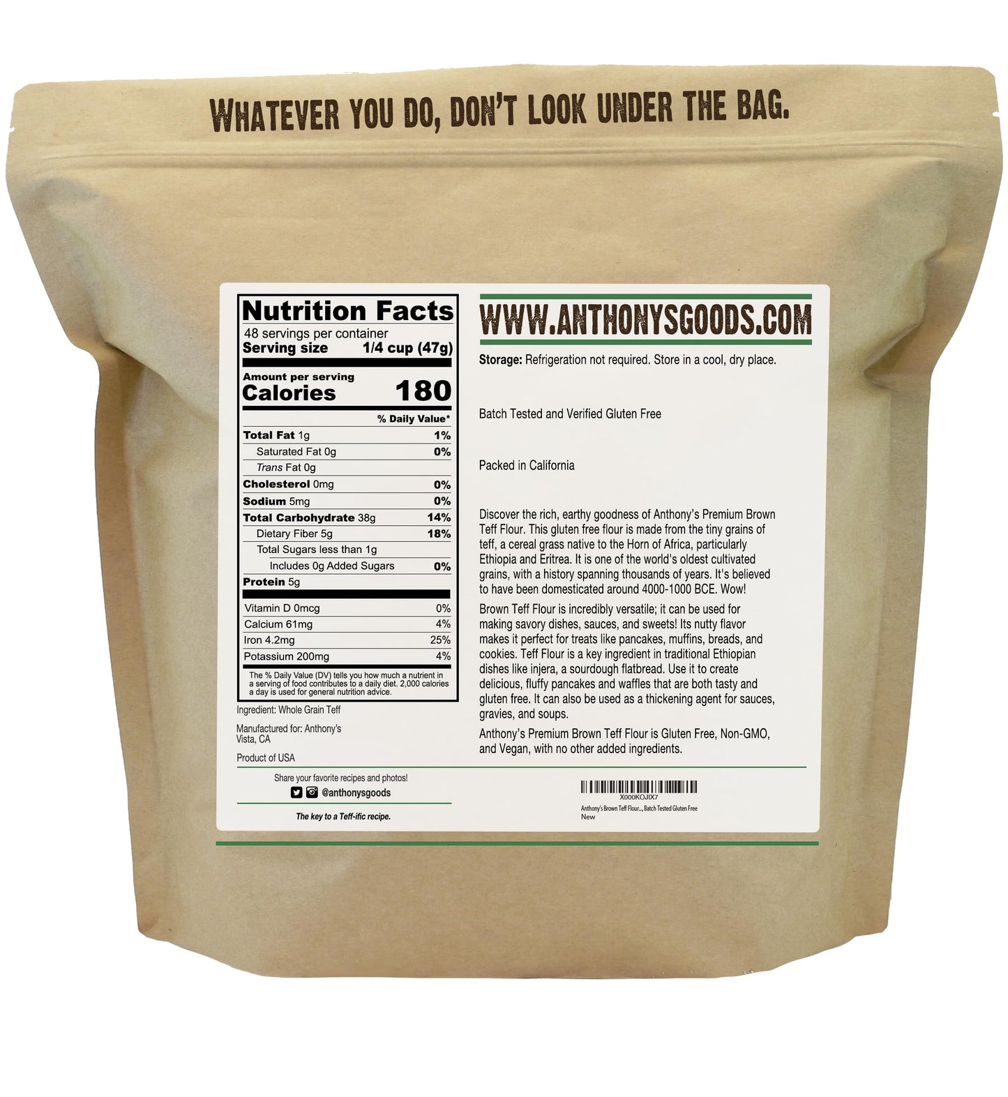 Anthony's Brown Teff Flour, 5 lb, Gluten Free, Non GMO, Vegan