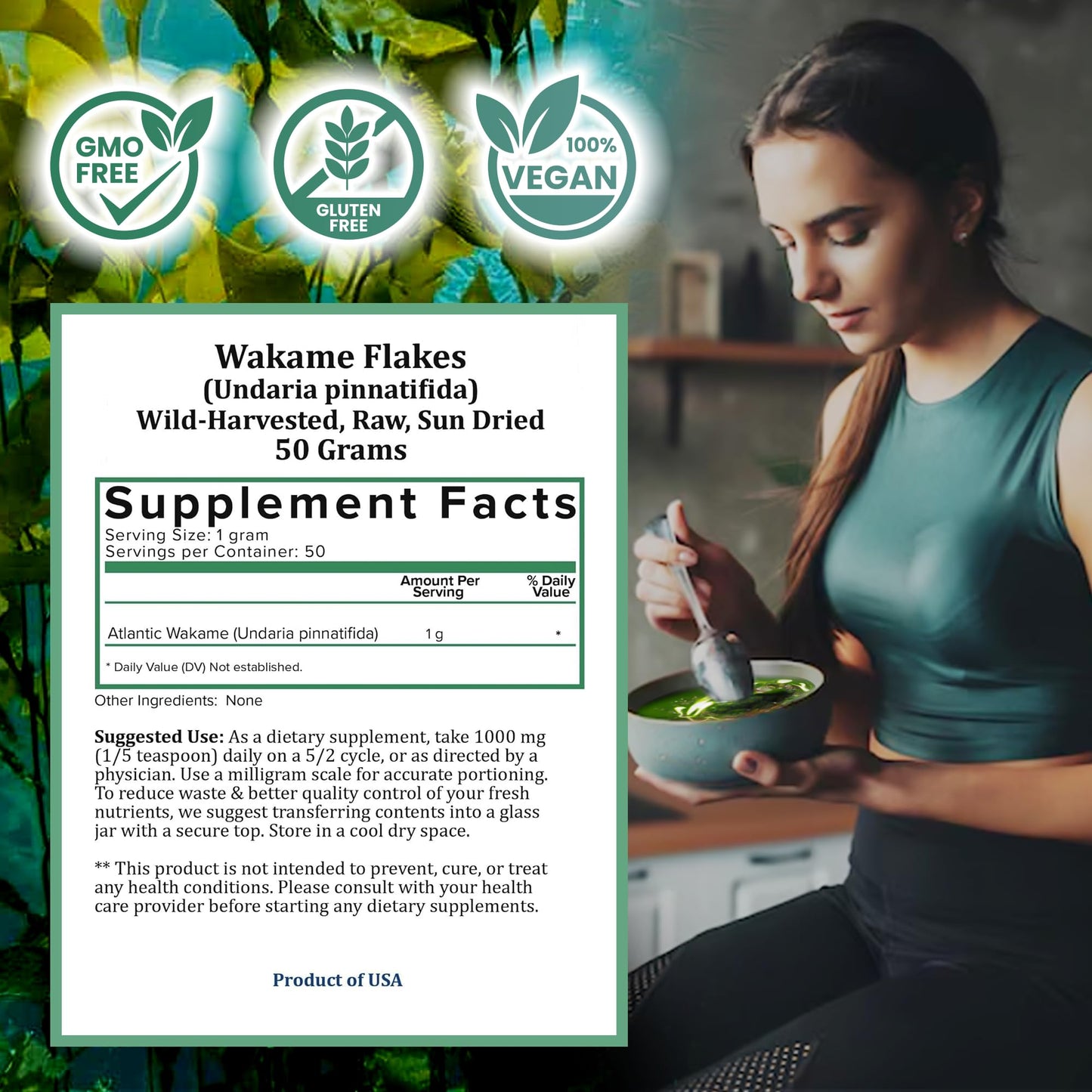 Holistic Bin Wakame Seaweed Flakes | Wild-Caught Atlantic Wakame for Miso Soup, Ramen, Salad Mix Recipes, & Healthy Snacks | Dried Seaweed/Nori