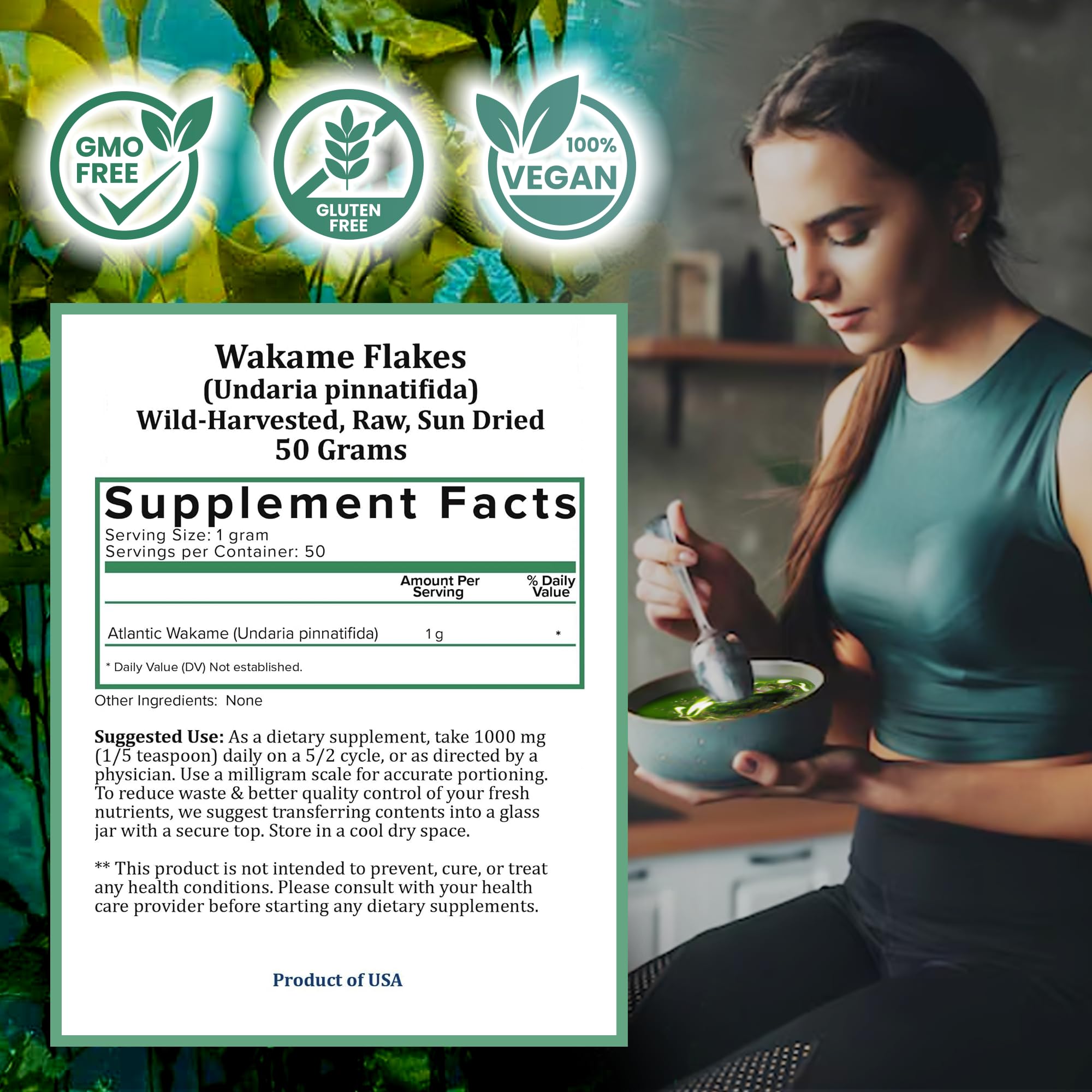 Holistic Bin Wakame Seaweed Flakes | Wild-Caught Atlantic Wakame for Miso Soup, Ramen, Salad Mix Recipes, & Healthy Snacks | Dried Seaweed/Nori
