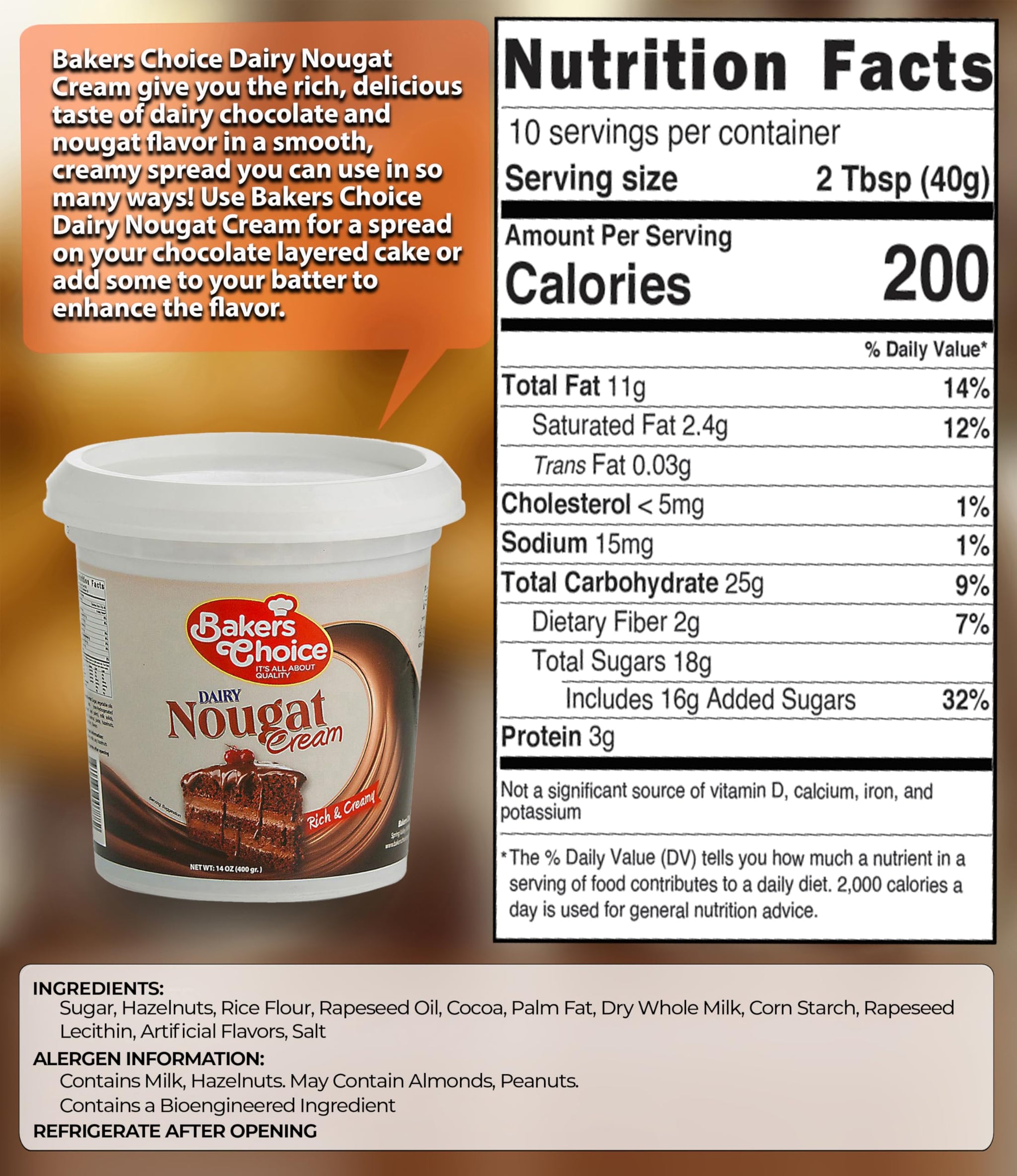 Premium Dairy Nougat Spread, 14 oz. - Nougat Cream Pastry Filling and Topping - For Ice Cream, Pie Filling, Donuts, Desserts, Cakes, Sundaes