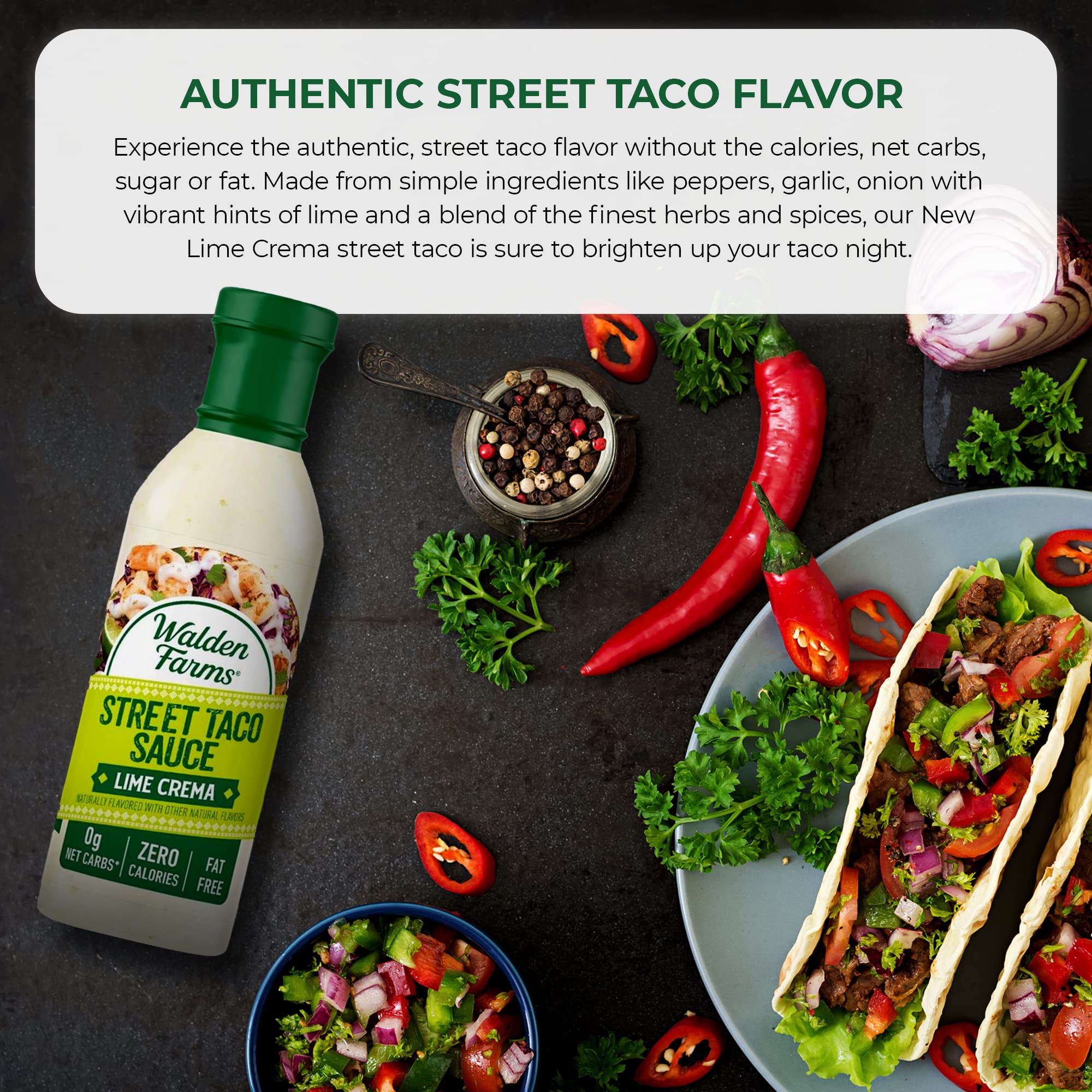 Walden Farms Street Taco Sauce Lime Crema - Calorie-Free, Gluten-Free, Low Carb, Keto-Friendly, Sugar-Free, Tangy Lime Crema Flavor - 12 oz Bottle