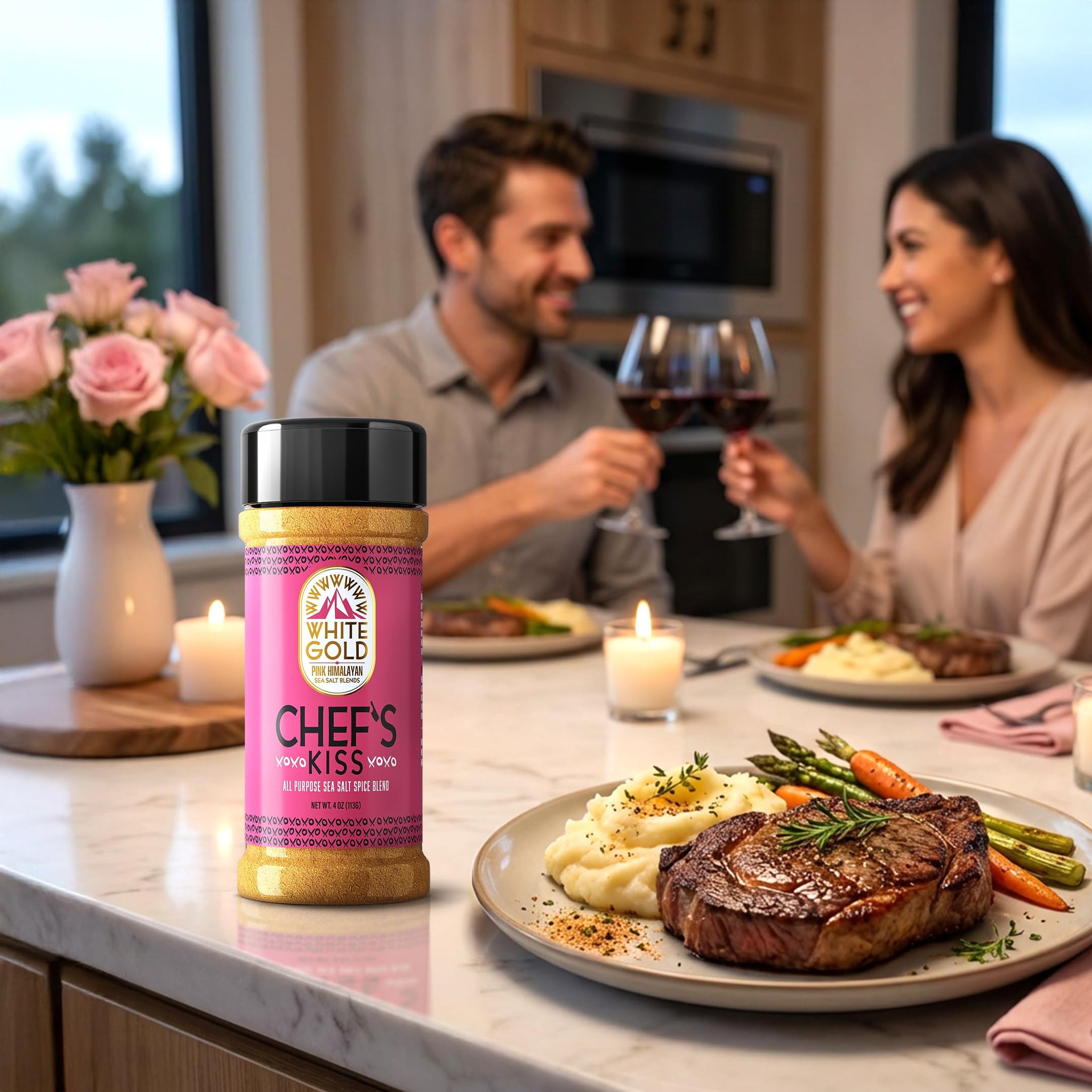 White Gold Chef’s Kiss All Purpose Seasoning with Pink Himalayan Sea Salt - Gourmet Seasoned Salt Blend Perfect for Cooking Meats & Vegetables