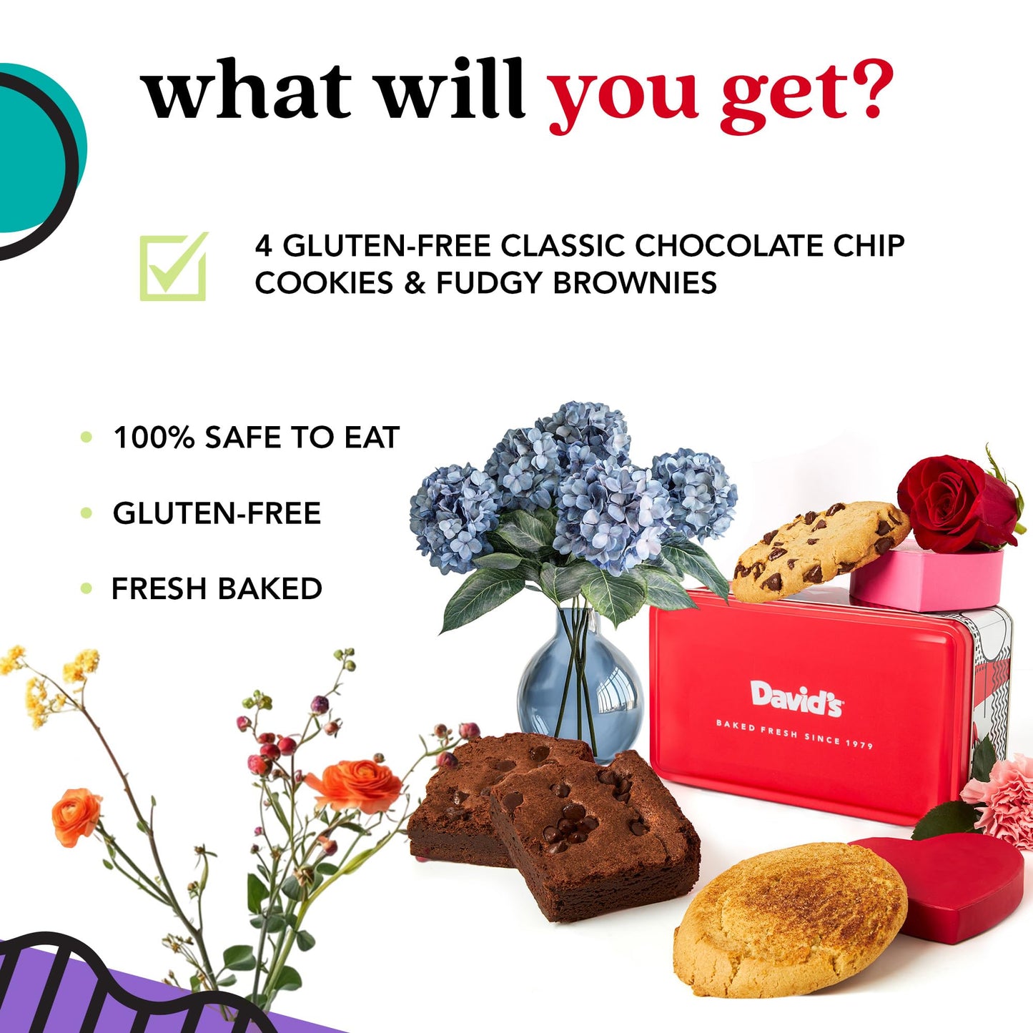 David’s Cookies Gluten-Free Cookies & Brownies in Sweet Sampler Tin - Freshly Baked Classic Chocolate Chip Cookies & Fudgy Brownies - Gourmet Bakery