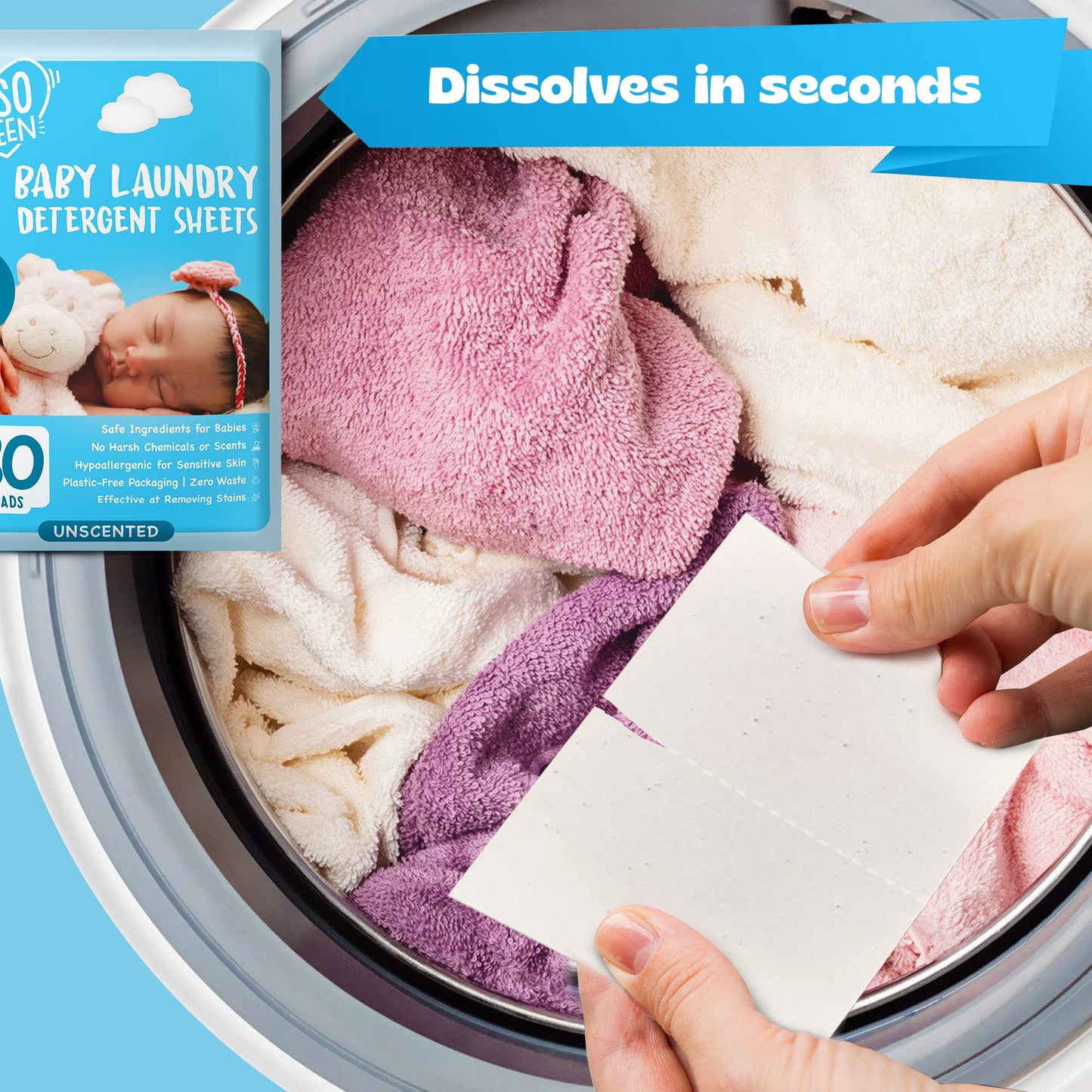 Baby Laundry Detergent Sheets for Infant, Toddler and Newborns, 80 Loads, Unscented - Gentle for Sensitive Skin - Washing Detergent for Baby Clothes