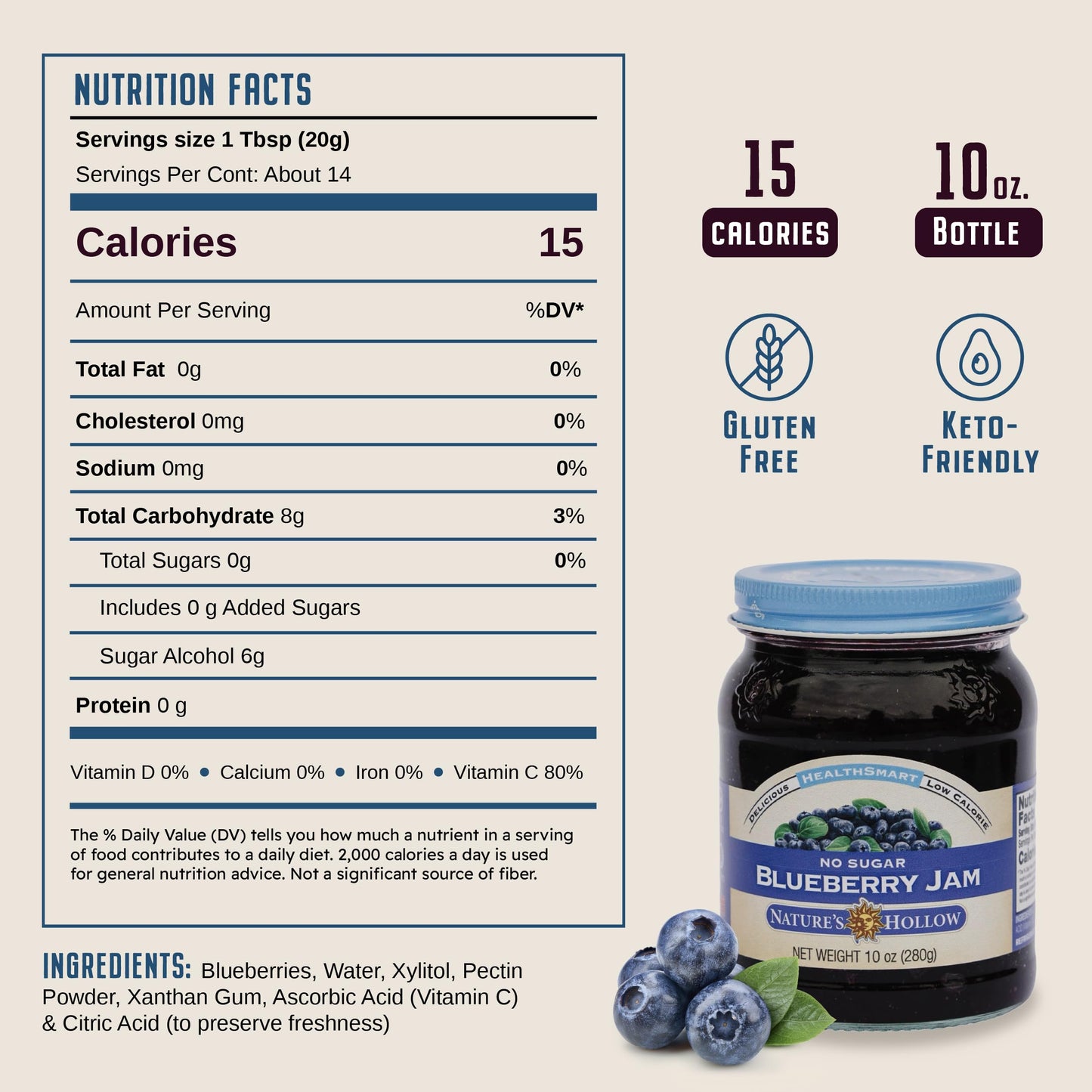 Nature's Hollow Blueberry Jam: Sugar Free Jam and Preserves, Low Cal, Non GMO, Keto Jam, Vegan, Gluten Free, and Diabetic Friendly - Sugar Free Jelly