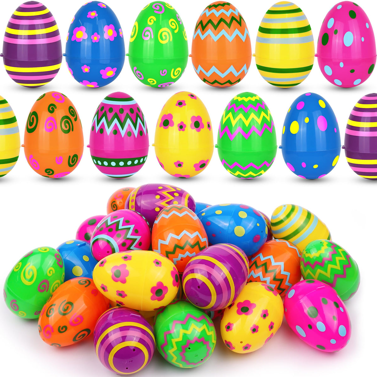 60 PCS 3.1" Plastic Printed Easter Eggs Bulk, Bright Colorful Fillable Empty Easter Eggs Bulks for Egg Hunt, Kids Easter Basket Stuffers Fillers