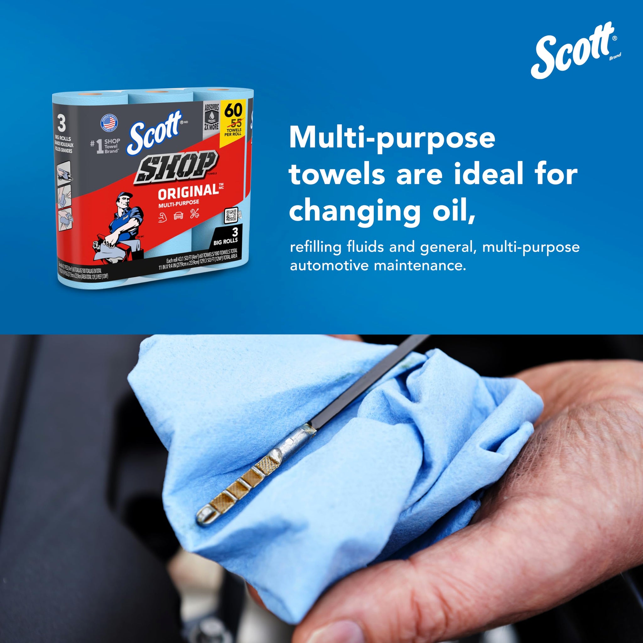 Scott® Shop Towels Original™ (58145), Blue Shop Towels, 1 Pack of 3 Big Rolls, Large 11"x9.4" Towel, (60 Sheet/Roll, 180 Sheet Total)