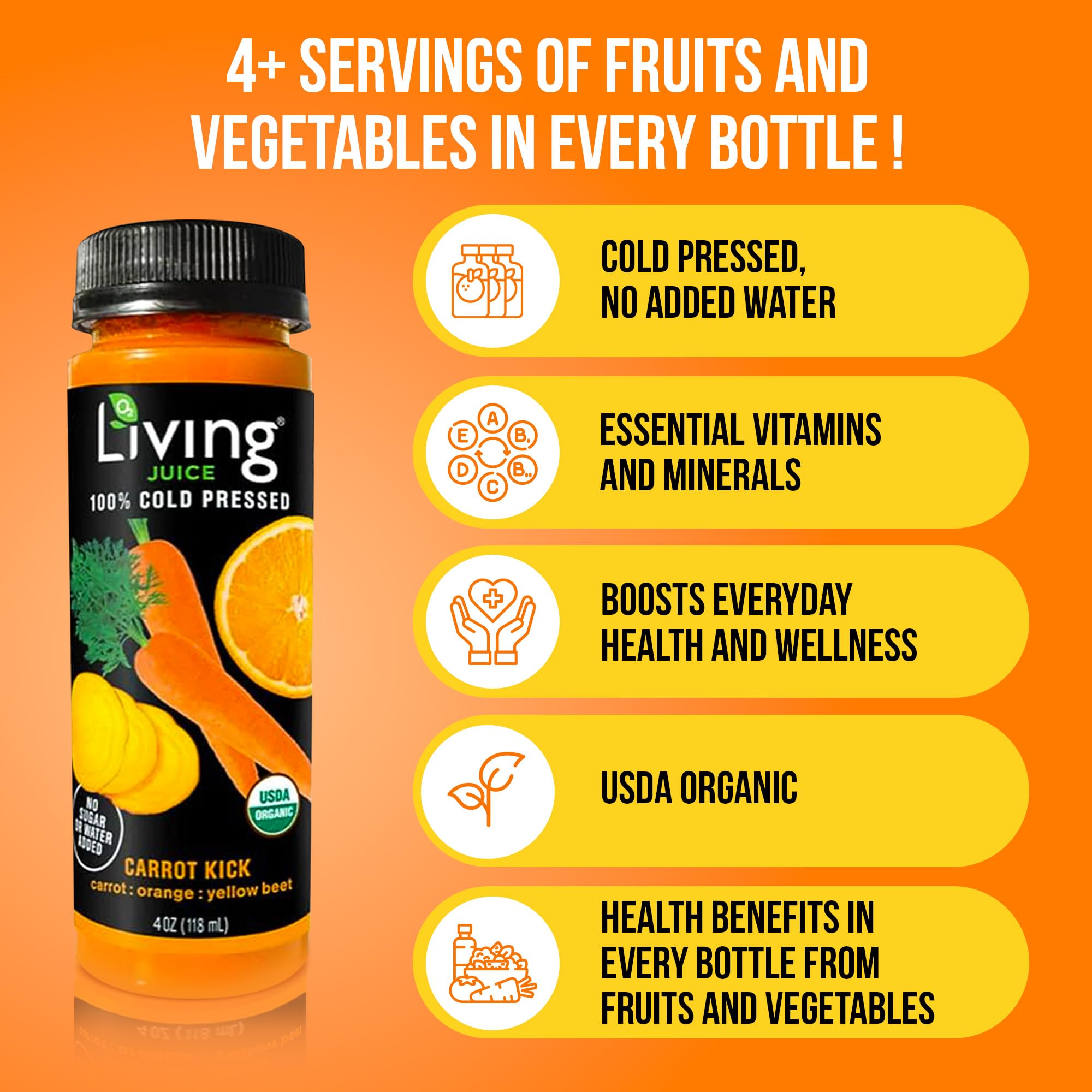 O2 Living Juice Cold Pressed Drink - Carrot Kick Organic Juice Pack - No Added Sugars or Water, Naturally Sweetened from Fruits, Rich in Nutrients