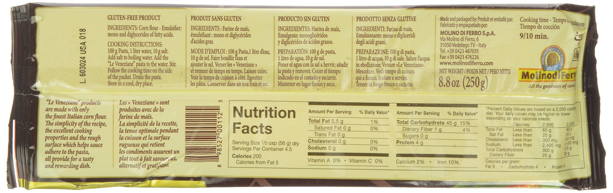 Le Veneziane Italian Gluten Free Corn Spaghetti, 250g Boxes (Pack Of 24)