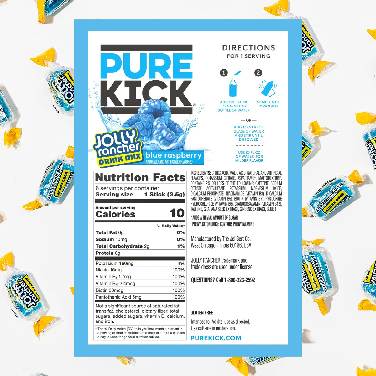 Pure Kick Energy Drink Mix, Jolly Rancher Blue Raspberry, 72 Packets