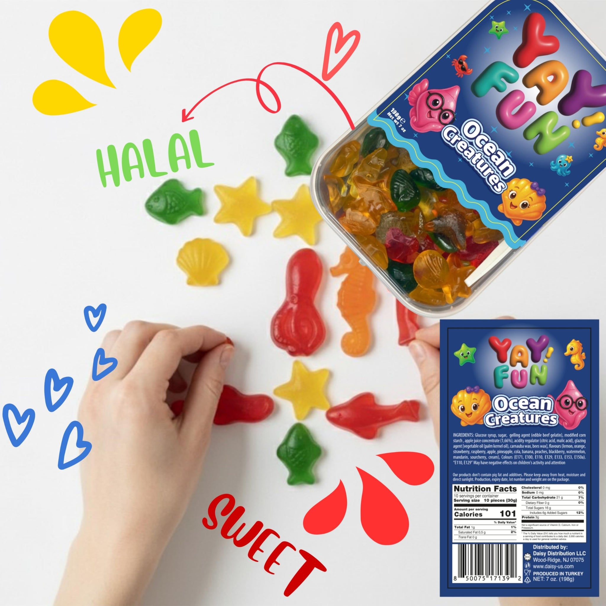Halal Mix Ocean Creatures Gummy Candy | 6 Pack Bundle (6x7 oz Tubs) | Assorted Sea Animal Shaped Gummies | Resealable Tubs in Bulk with Display Box |