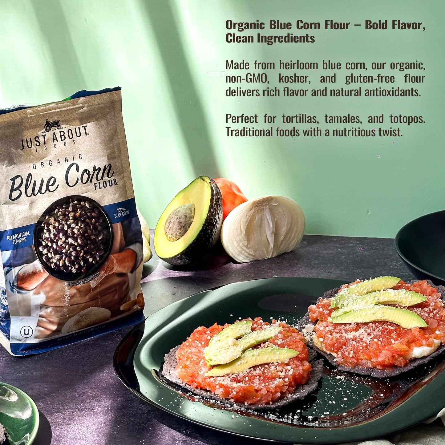 USDA Organic Blue Corn Flour 1lb, Flour for Tortillas, Sopes, and Mexican Dishes, Gluten-Free, Kosher and Vegan, Masa Flour for Baking, Just About