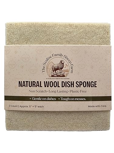 Scalise Family Sheep Farm Wool Dish Sponge 5"x5" - Natural Sponge Dish Non Scratch | Organic Kitchen Sponges for Sink Cleaning | Long Lasting Wool