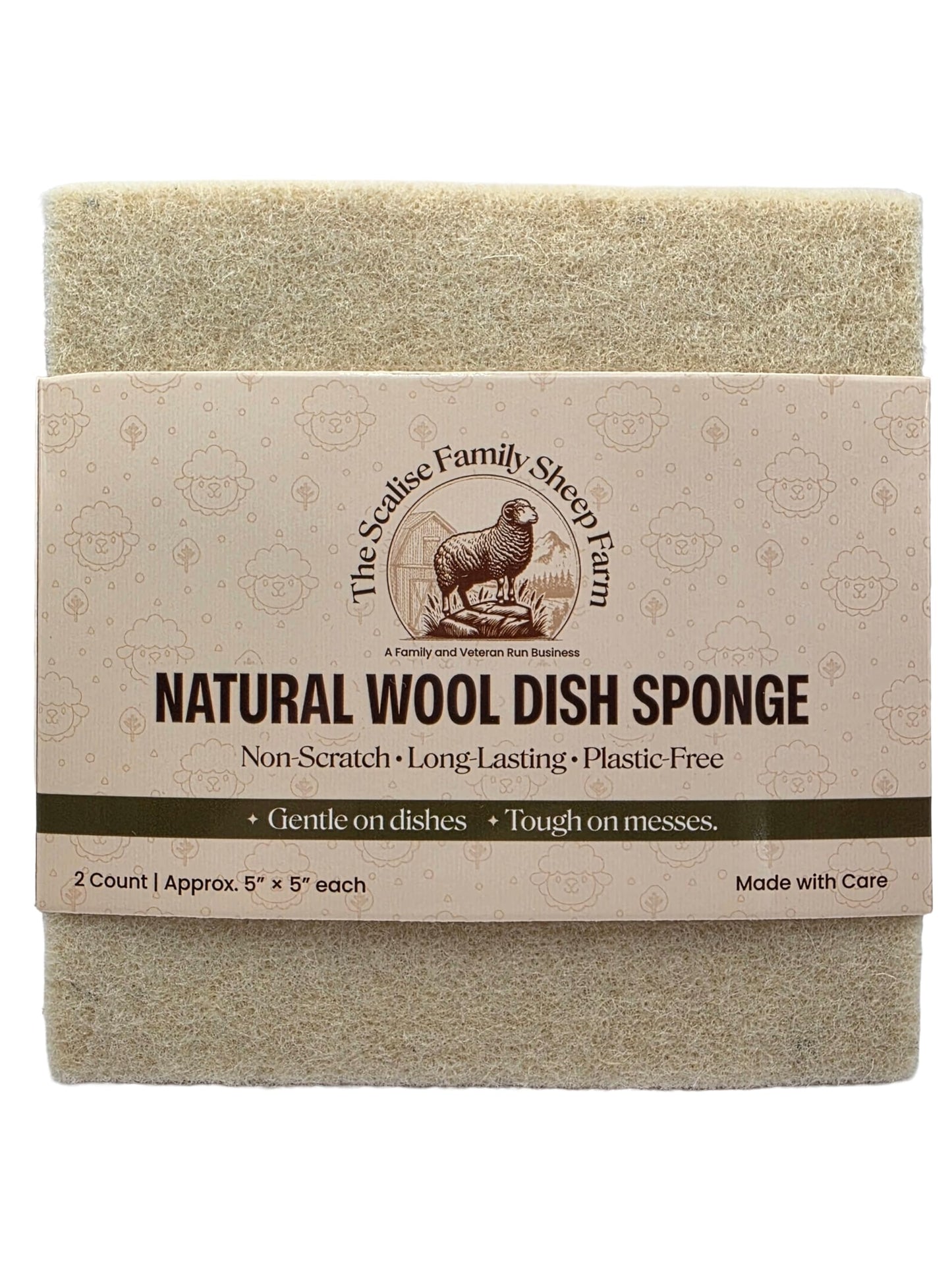 Scalise Family Sheep Farm Wool Dish Sponge 5"x5" - Natural Sponge Dish Non Scratch | Organic Kitchen Sponges for Sink Cleaning | Long Lasting Wool