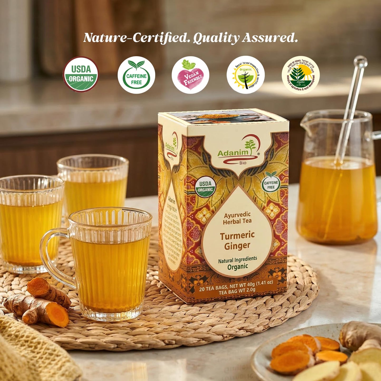 Adanim Bio Organic Turmeric Ginger Herbal Tea Bags | Caffeine Free Pure Herbal Blend with Black Pepper | USDA Organic, Vegan & Kosher | 20