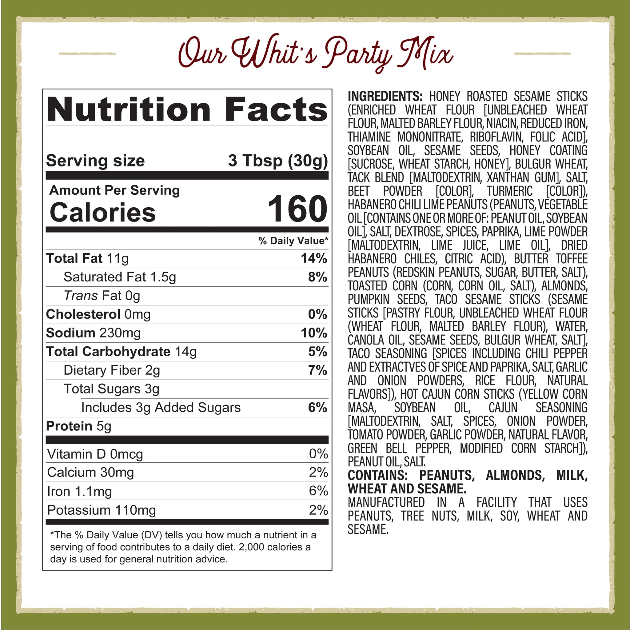 Whitley’s 'Whit's Party Mix' - Sweet & Spicy Snack Mix, Sesame Sticks, Corn Nuts, Cajun Sticks & Nuts (36 Ounce Tin)