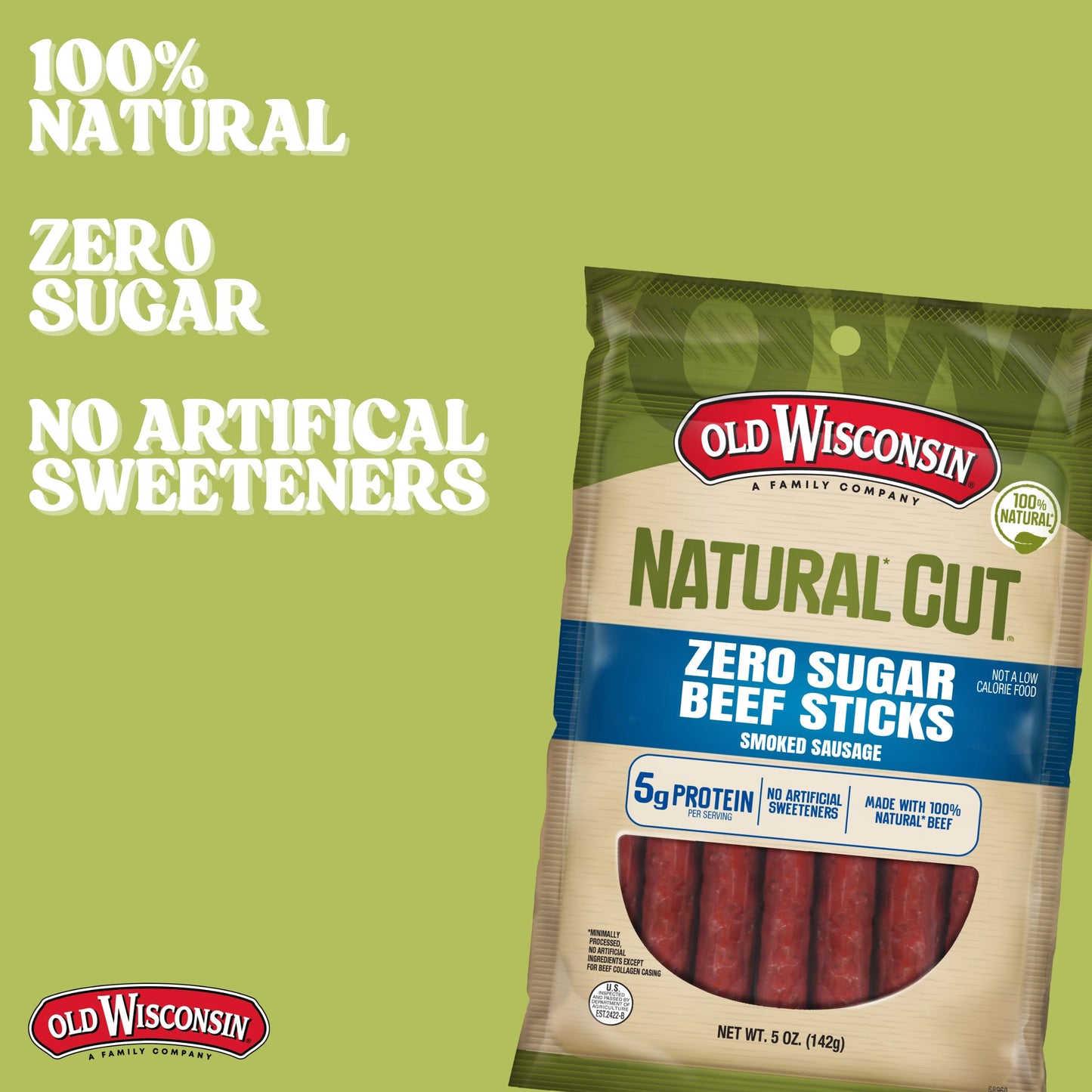 Old Wisconsin Natural Cut Beef Sausage Snack Sticks, Zero Sugar, Naturally Smoked, Ready to Eat, High Protein, Low Carb, Keto, Gluten Free, No