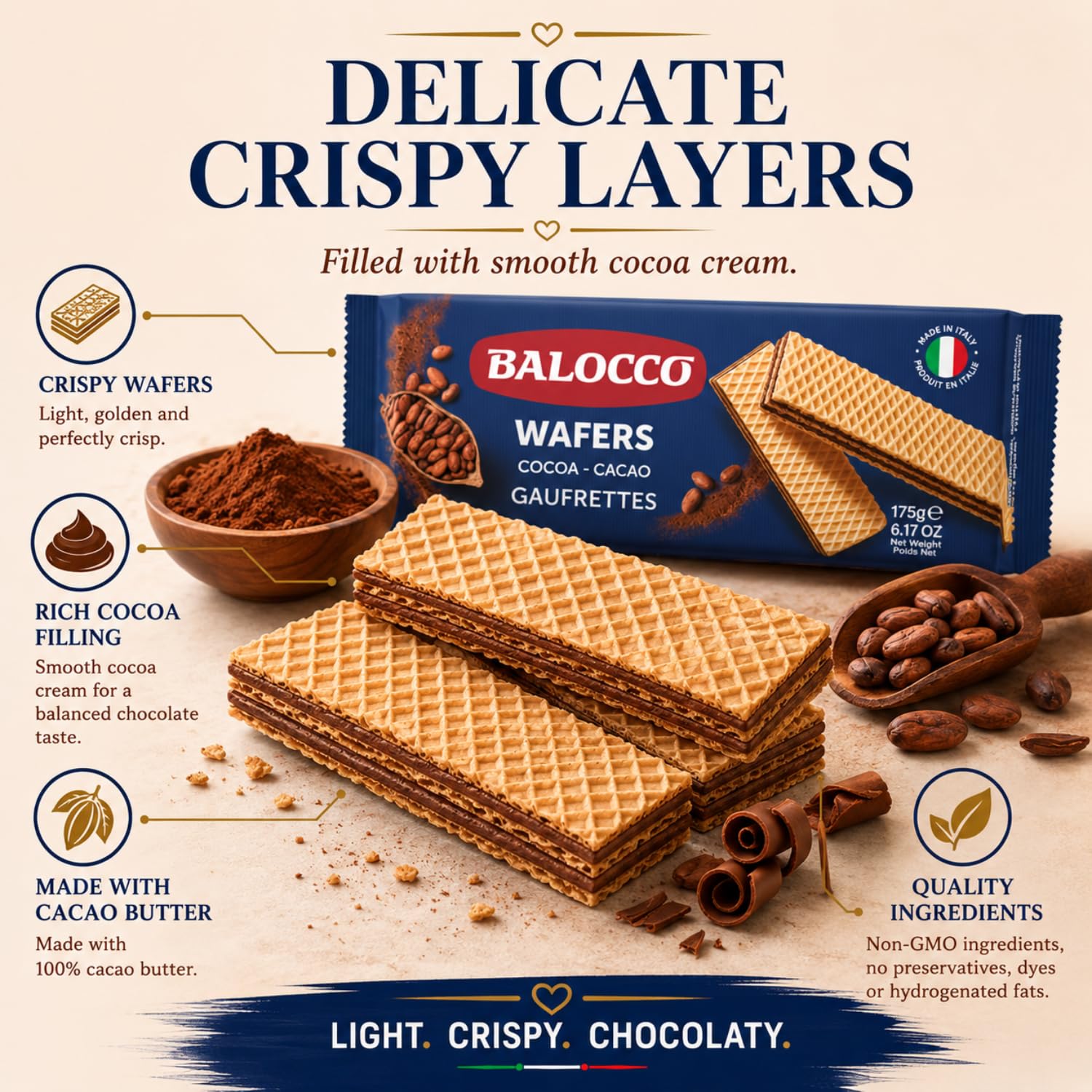 Balocco Cocoa Wafer Cookies 6.1 Oz (175g) - Crispy Italian Wafer Cookies with 2 Layers of Cocoa Cream, Made with Pure Cacao Butter, Non-GMO, Product