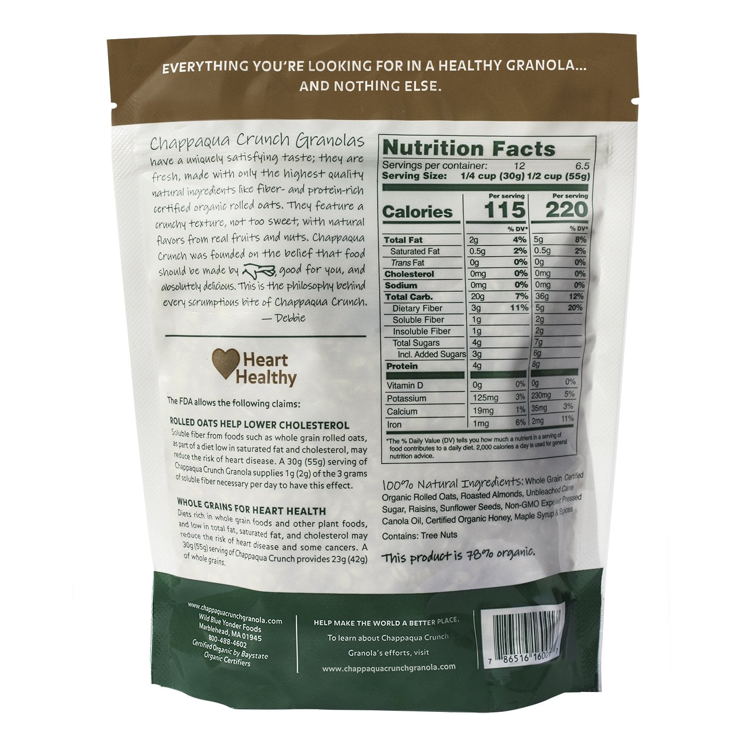 Chappaqua Crunch Simply Granola, Original Flavor - Custom Rolled Oats with Roasted Almonds, Raisins, and Sunflower Seeds - Slightly Sweet, Heart