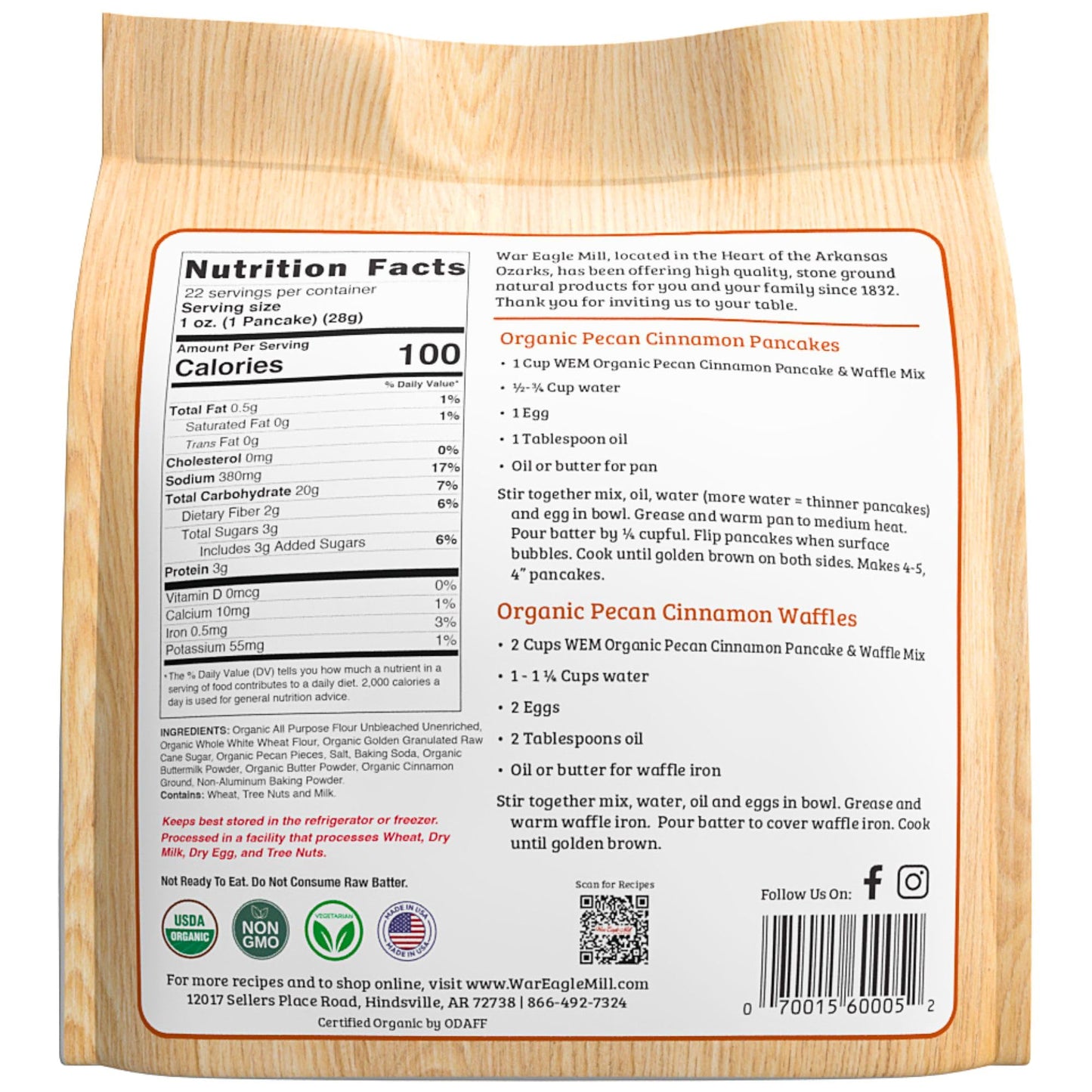 War Eagle Mill Organic Pecan Cinnamon Whole Grain Pancake & Waffle Mix, 22 oz Bag (2 Pack)