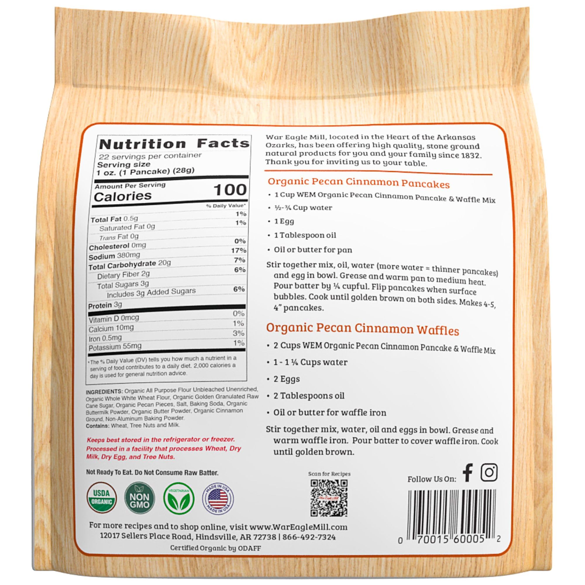 War Eagle Mill Organic Pecan Cinnamon Whole Grain Pancake & Waffle Mix, 22 oz Bag (2 Pack)