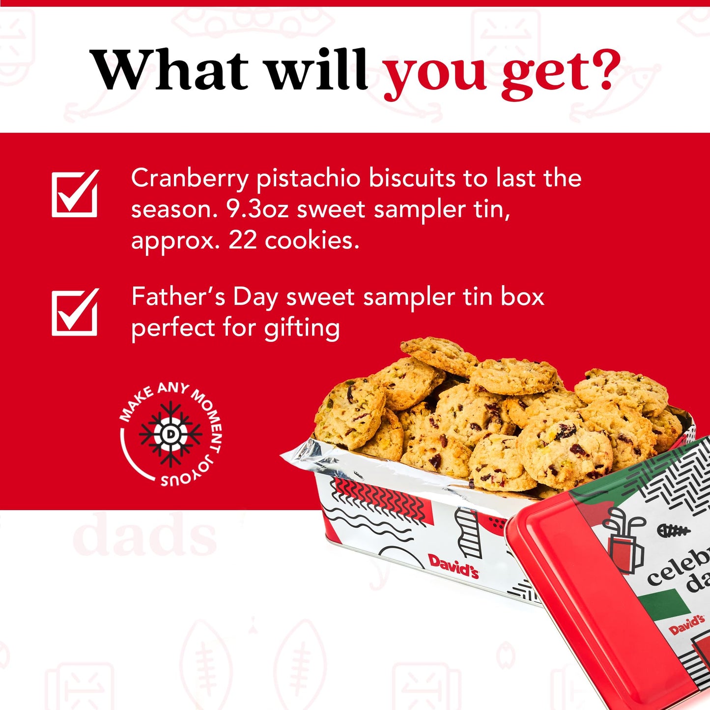 David's Cookies Father's Day Cranberry Pistachio Biscuits In Sweet Sampler Tin - Irresistible Crunch, Snacks And Bakery Treats - Ideal for Snacking