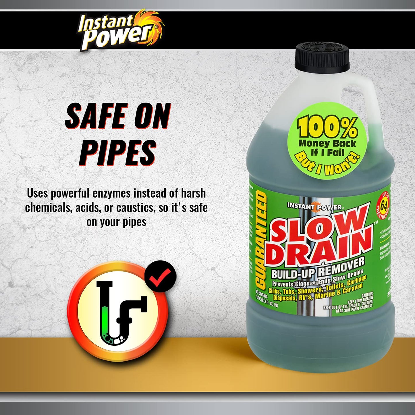 Instant Power Slow Drain Build Up Remover - Prevents Clogs, Ends Slow Drains for Sinks,Tubs, Showers, Toilets, Disposals, RVs, 2 Liters