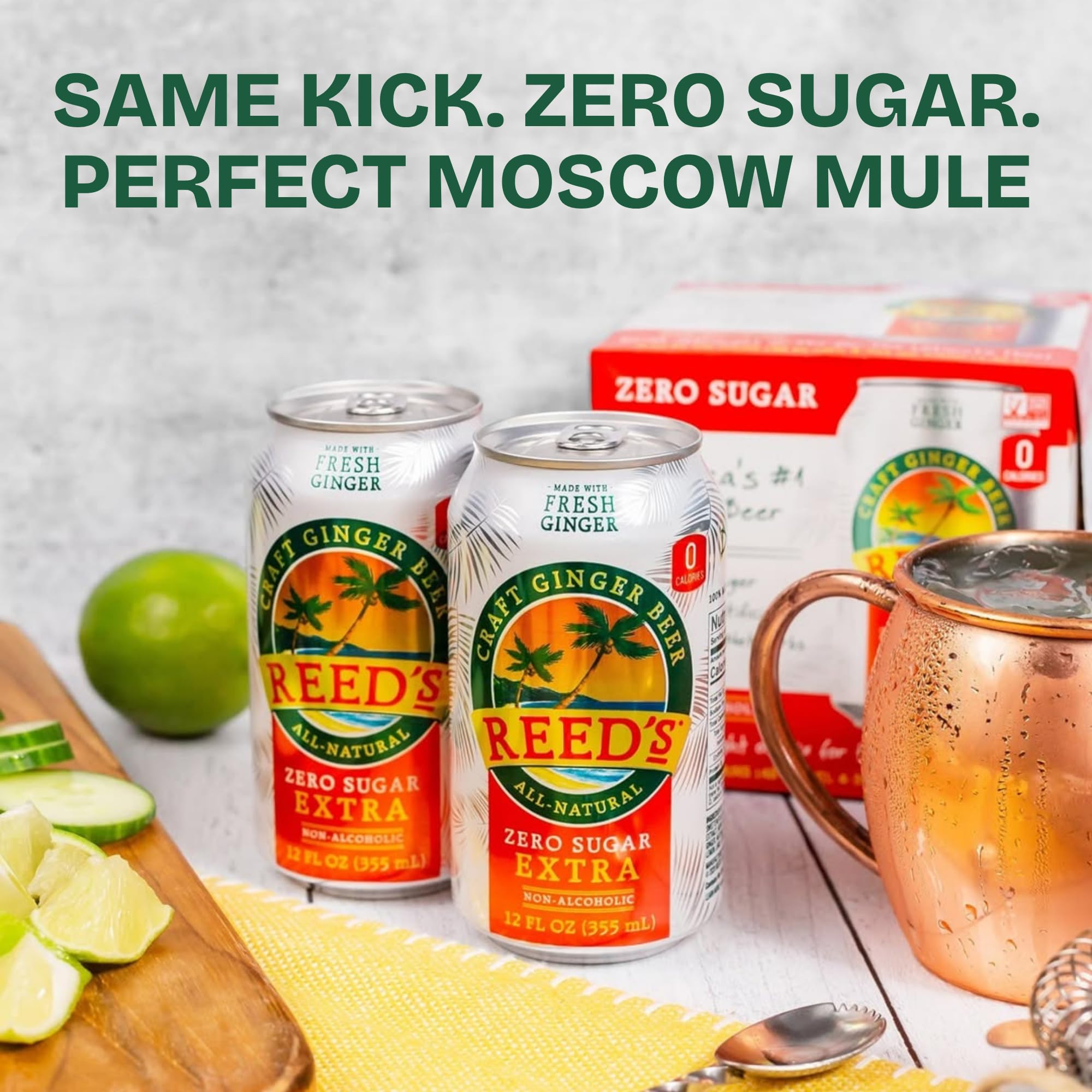 Reed's Zero Sugar Extra Ginger Beer, Pack of 4 (12fl oz Can each) - Non-Alcoholic Jamaican Real Ginger Brew, Sweetened w/Stevia - Ideal Moscow Mule