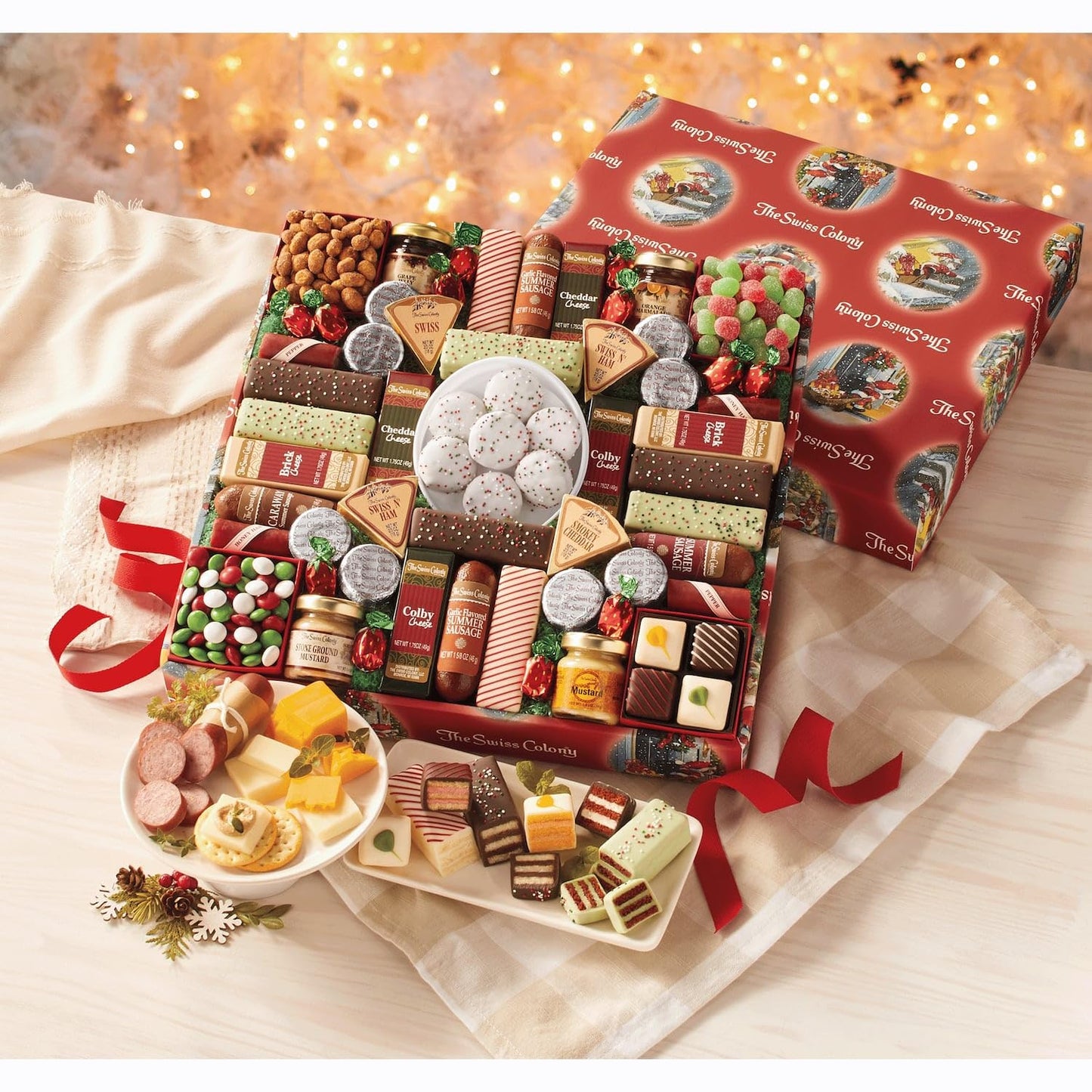 2 Holiday Gift Boxes - The Swiss Colony 43 Season Pleasers - Assorted Summer Sausage Meats, Mini Meat Sticks, Cheese Bricks and Wedges, Candies