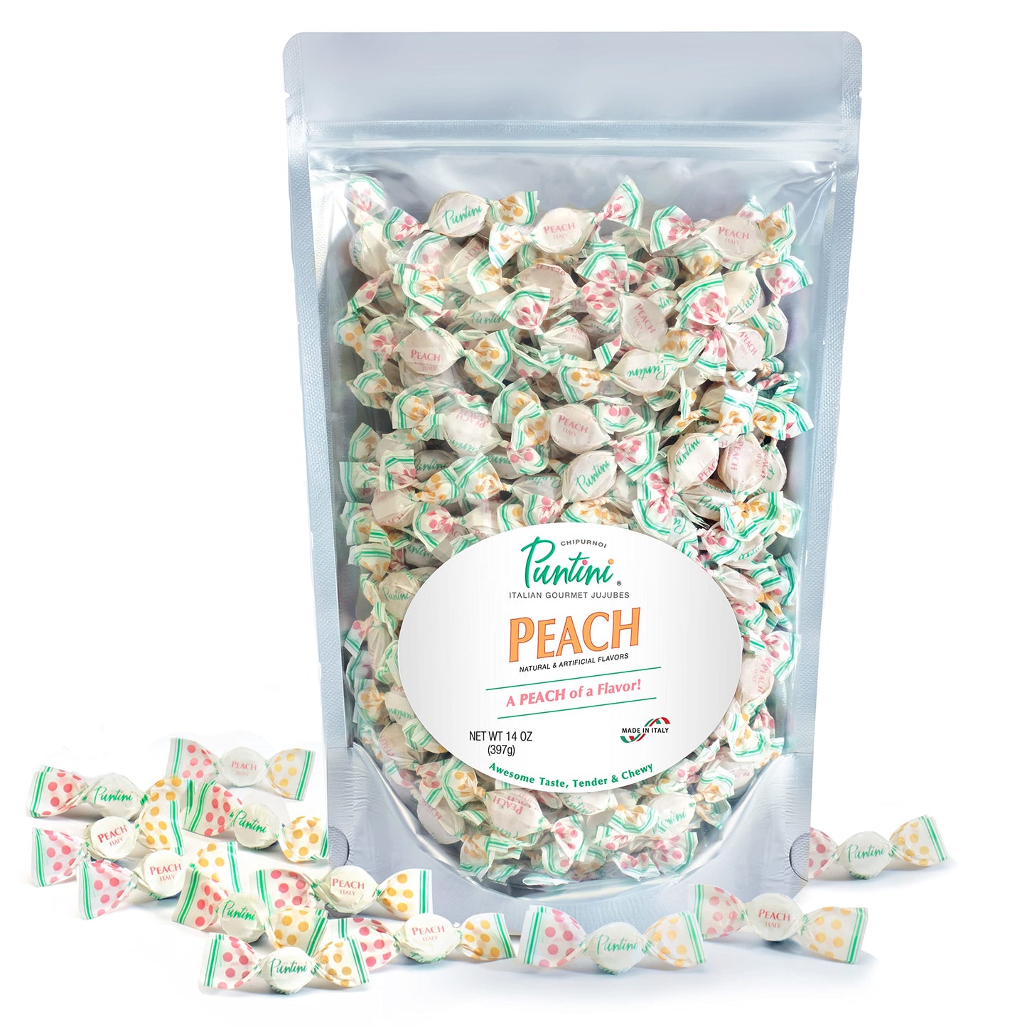 PUNTINI Peach Italian Gourmet Chewy Jujubes, Peach Flavor, Individually Wrapped Vegan Candy, Gluten Free, Non-GMO, 14 oz Resealable Pouch, 300 Ct.