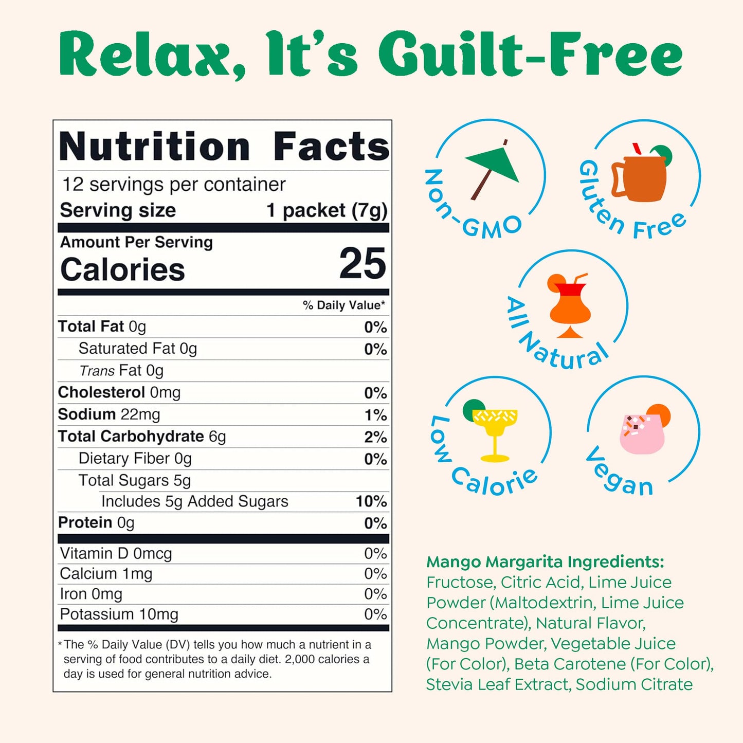 Craftmix Mango Margarita Cocktail & Mocktail Drink Mixer, Skinny Mixes - Water Flavoring Packets - Made With Real Fruit - Vegan, Low-Carb, Low-Sugar