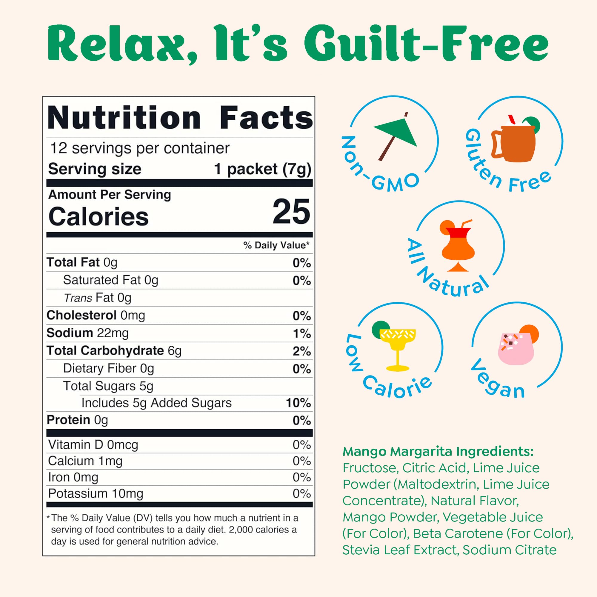 Craftmix Mango Margarita Cocktail & Mocktail Drink Mixer, Skinny Mixes - Water Flavoring Packets - Made With Real Fruit - Vegan, Low-Carb, Low-Sugar