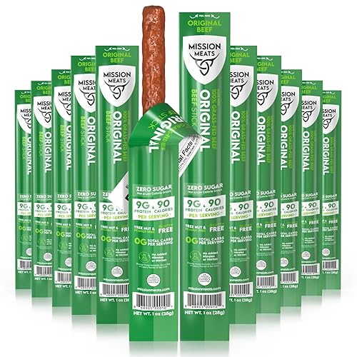 Mission Meats Beef Sticks - 100% Grass Fed Beef, Zero Sugar, Healthy Snacks, Individually Wrapped, Gluten Free, Non-GMO, Original 1oz (Pack of 12)