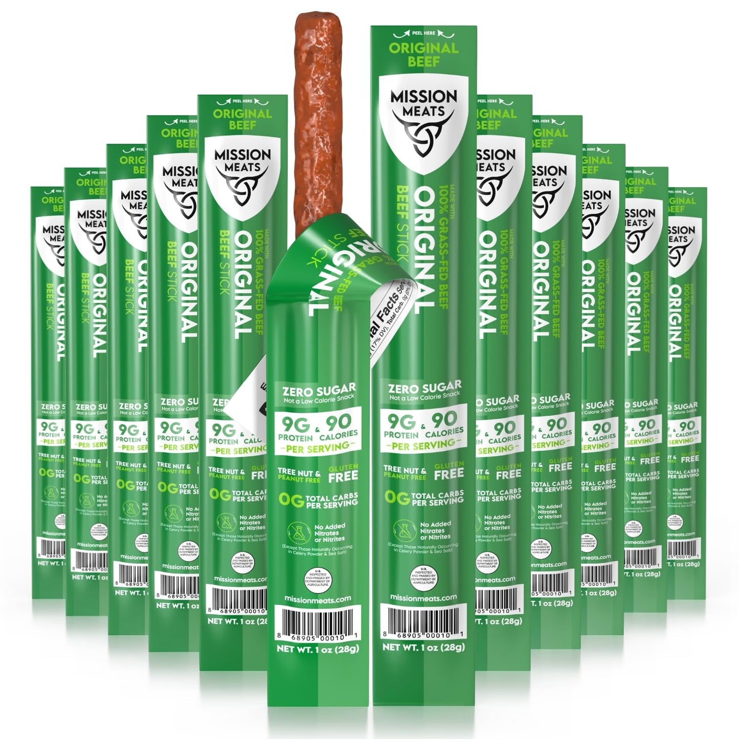 Mission Meats Beef Sticks - 100% Grass Fed Beef, Zero Sugar, Healthy Snacks, Individually Wrapped, Gluten Free, Non-GMO, Original 1oz (Pack of 12)