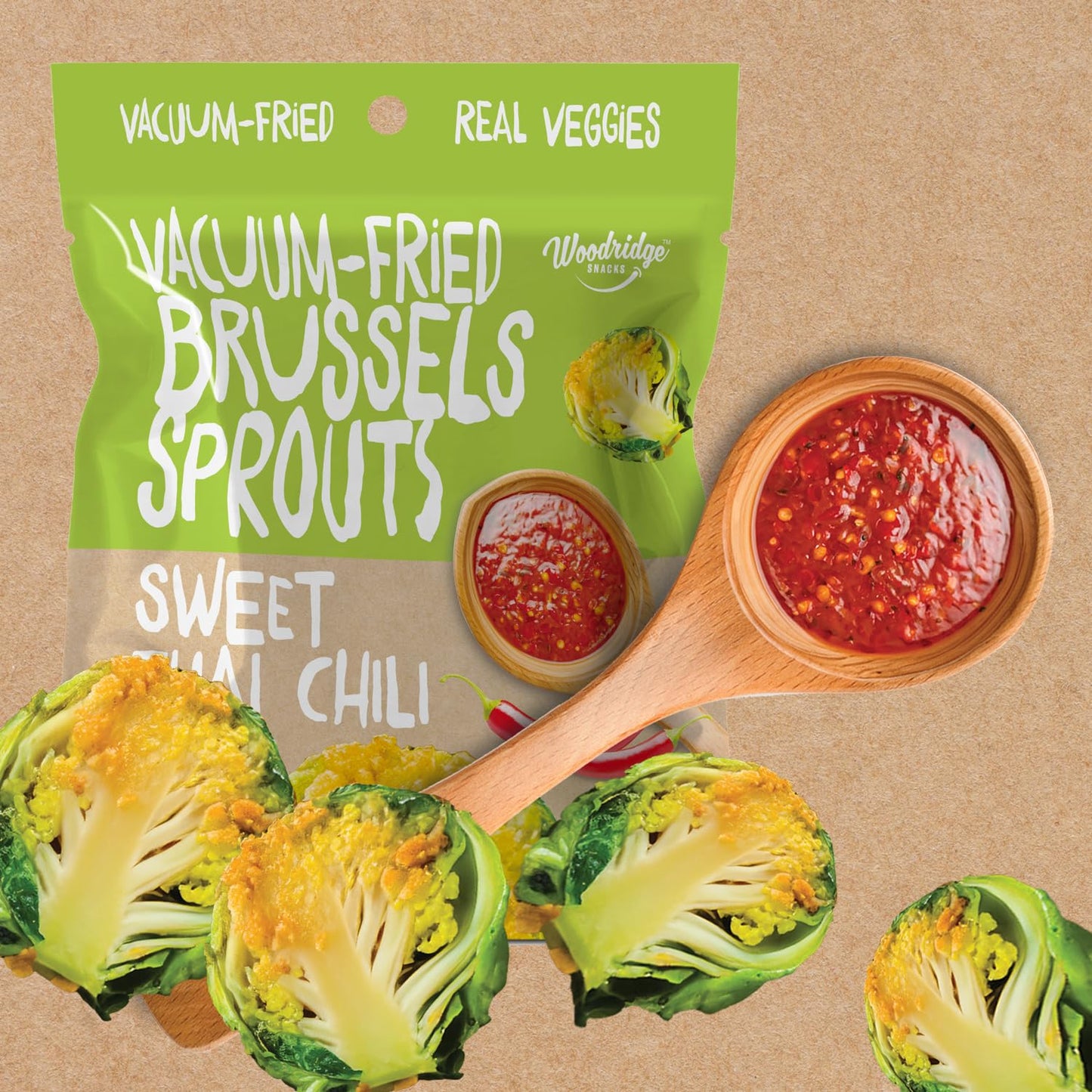 Woodridge Snacks | Vacuum Fried Brussels Sprouts | Thai Chili Sauce Flavor | 6 Pack | 0.35 OZ (10g) Single-Serve Bags