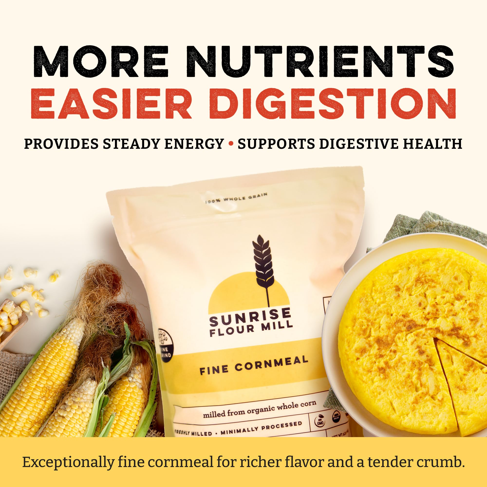 Sunrise Flour Mill Organic Fine Cornmeal | 2 LB | Yellow Cornmeal | Corn Flour | Fine Corn Meal | Milled from Organic Whole Kernel | No Artificial