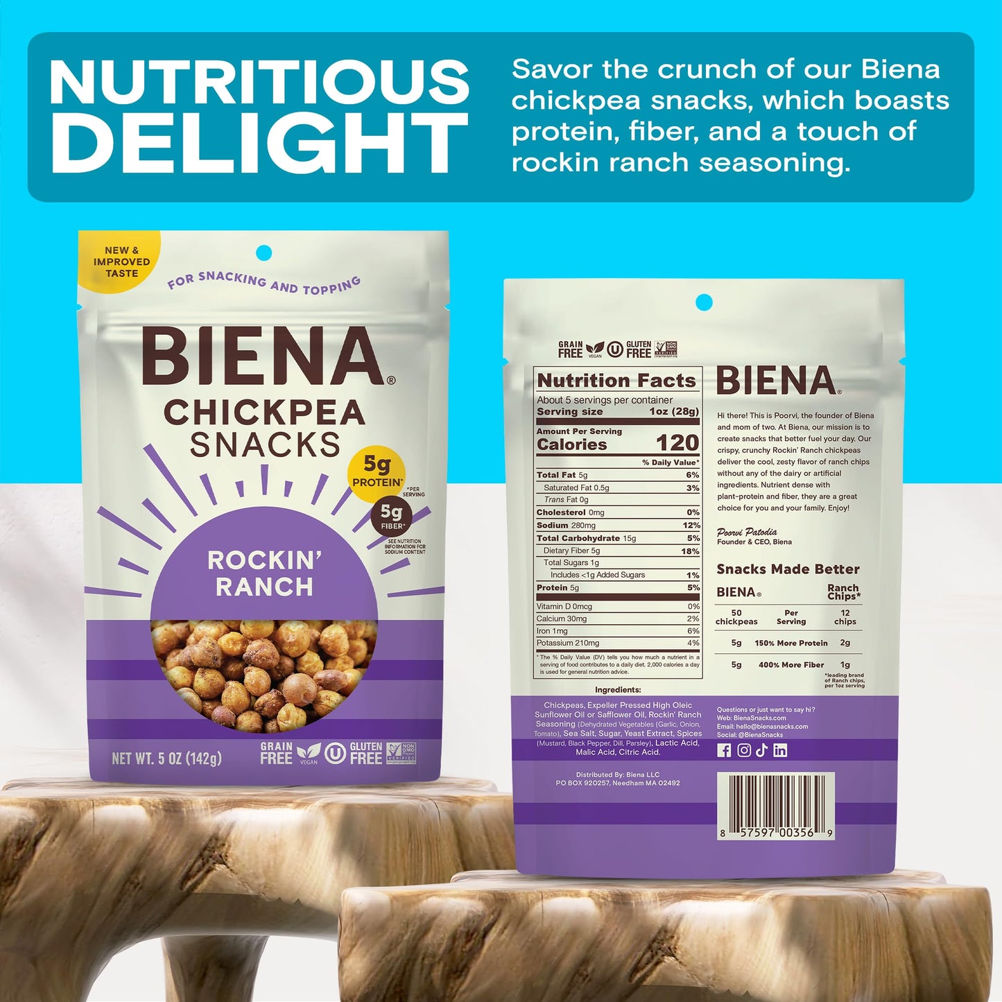 BIENA Chickpea Snacks - Crunchy Roasted Chickpeas - High Fiber Vegan Protein Snacks for Adults and Kids - 8-Pack, 5 Ounce Bags - Rockin’ Ranch