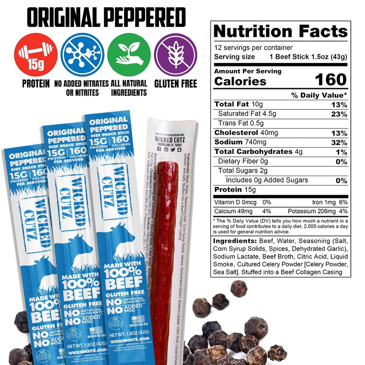 Original Peppered Beef Sticks, 15g Protein Per Beef Stick, Tender & Juicy Extra Large Meat Stick, USA Made High Protein Meat Sticks, Carnivore Snacks