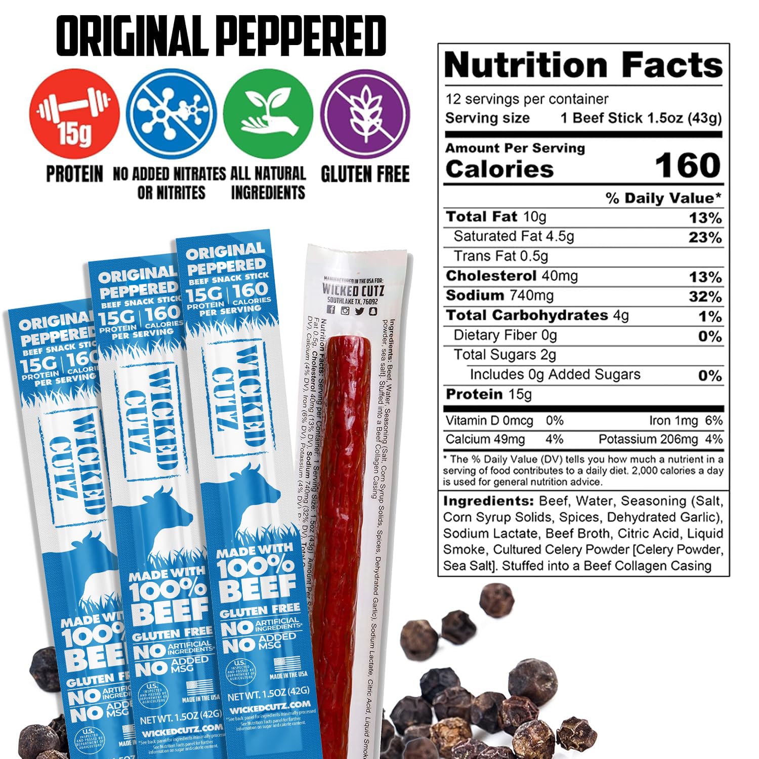 Original Peppered Beef Sticks, 15g Protein Per Beef Stick, Tender & Juicy Extra Large Meat Stick, USA Made High Protein Meat Sticks, Carnivore Snacks