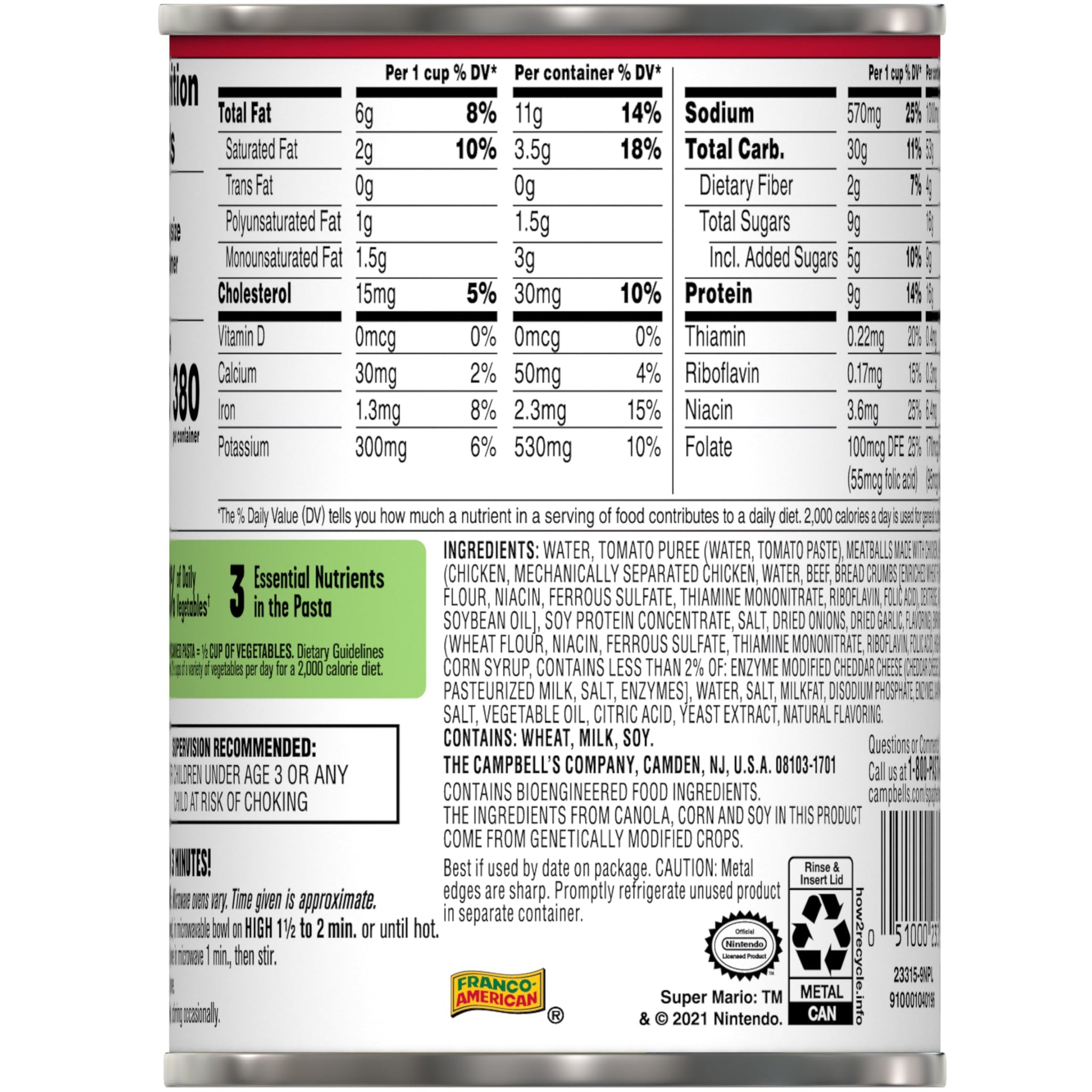 SpaghettiOs Super Mario Bros Canned Pasta with Meatballs, 15.6 oz Can