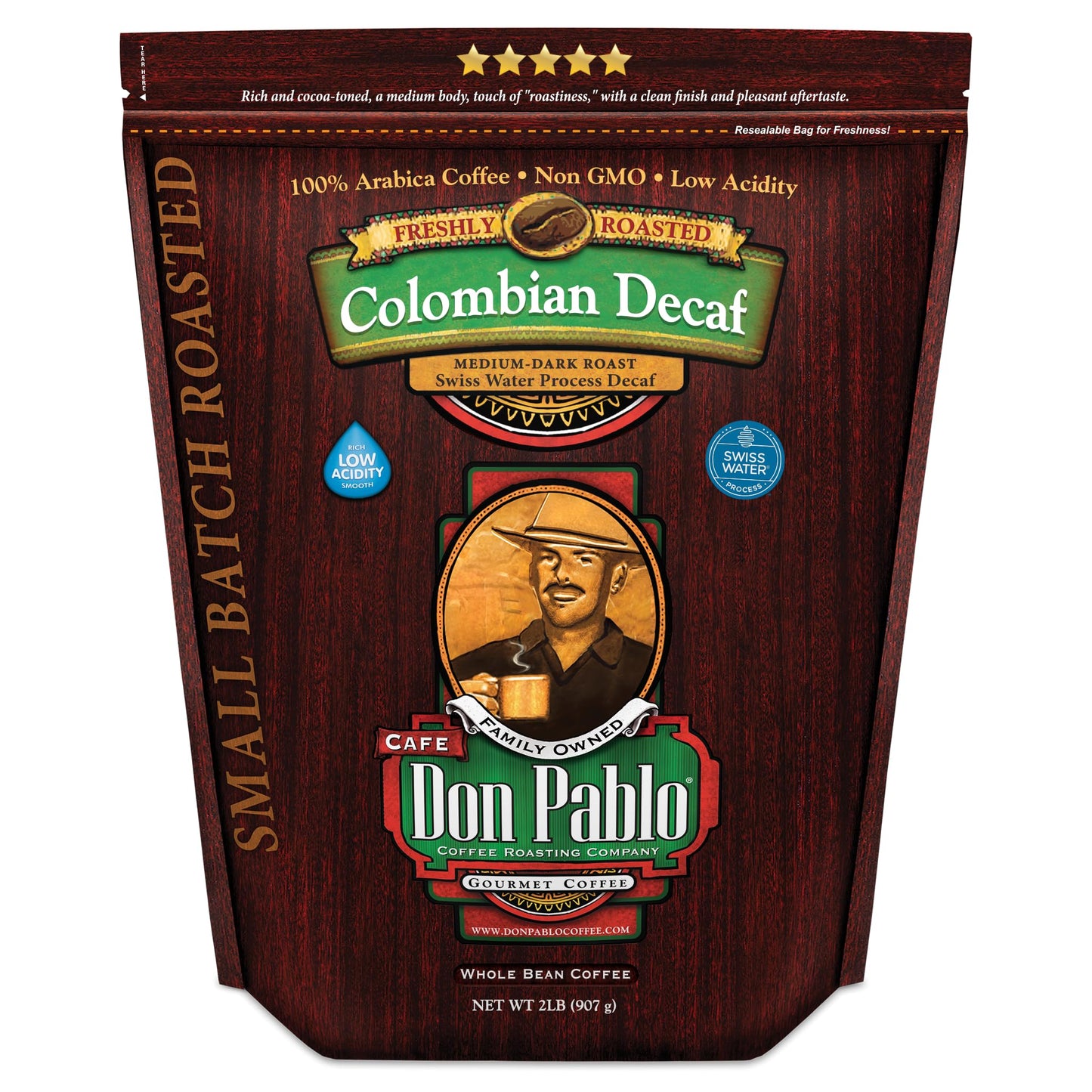 Don Pablo Colombian Decaf - Swiss Water Process Decaffeinated - Medium-Dark Roast Gourmet Coffee - 100% Arabica Whole Bean, Non-GMO, Low Acidity, 907g