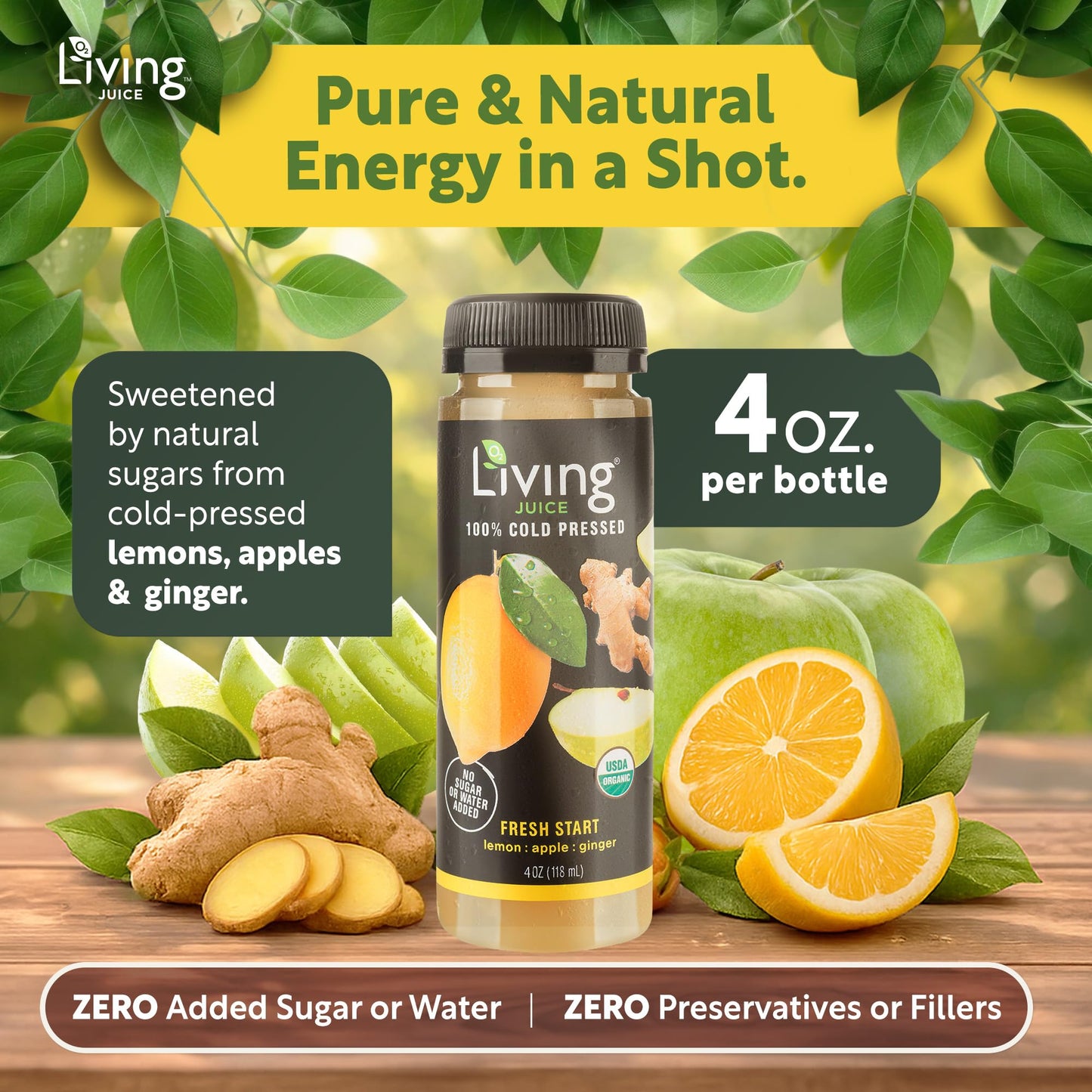 O2 Living Juice Cold Pressed Drink - Fresh Start Organic Juice Pack - No Added Sugars or Water, Naturally Sweetened from Fruits, Rich in Nutrients
