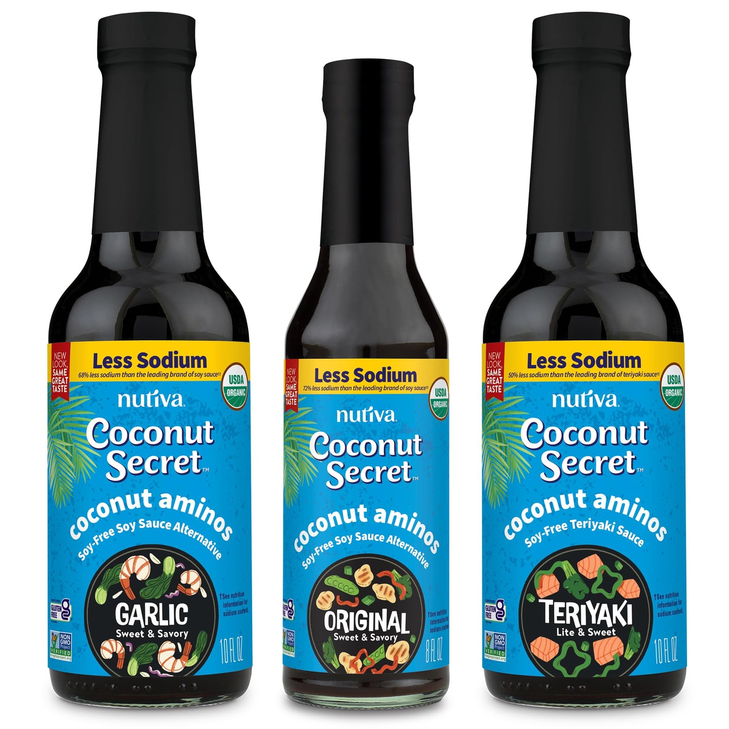 Coconut Secret Organic Coconut Liquid Aminos Variety 3-Pack - Includes Original 8oz, Garlic 10oz, and Teriyaki 10oz - Low Sodium Soy Sauce Alternative